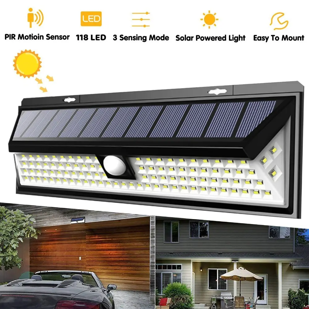 Solar Powered Wall Lights, Outdoor Security Lamp, 118 LED Solar Light PIR Motion Sensor Weatherproof for Wall Fence Garden