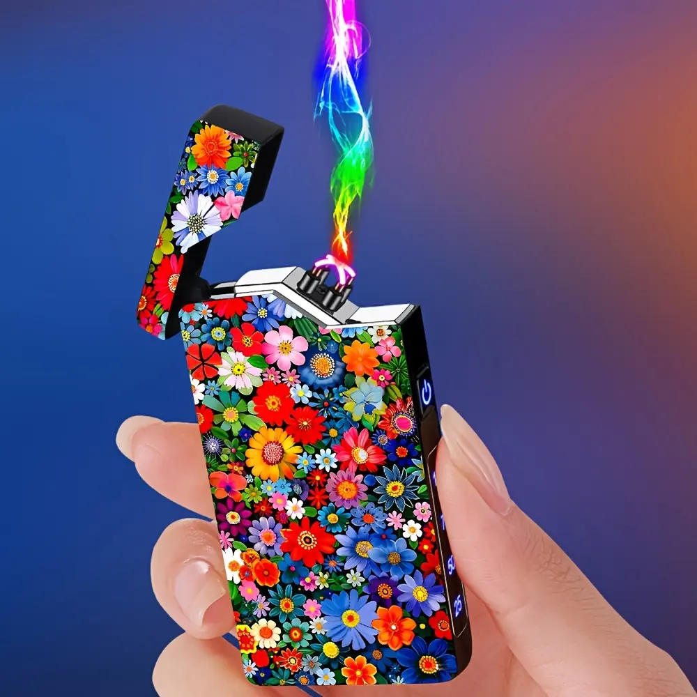 1pc Trendy Windproof Dual Arc Rechargeable Electronic Lighter, Suitable for Outdoor Use, Valentine's Day Gift, Full-Wall Colorful Small Flower Pattern Print