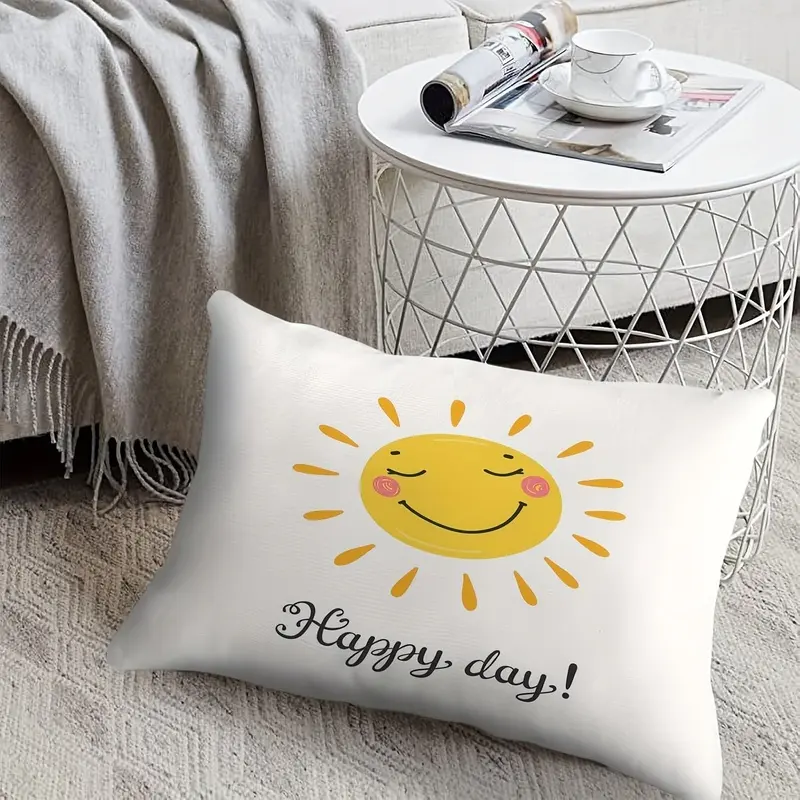 Contemporary Polyester Throw Pillow Cover with Smiling Sun and "Happy Day" Print, Machine Washable, Zippered, Woven Decorative Cushion Case for Various Room Types - 1pcDouble-sided printing design