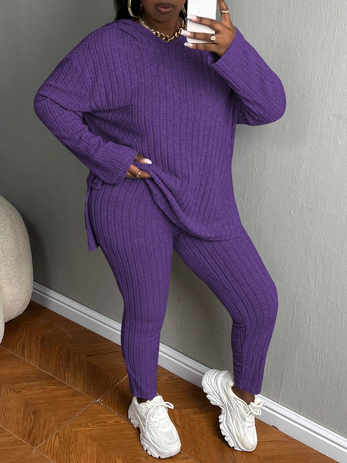 [Plus Size] Women's Two-Piece Set Solid Textured Ribbed Drop Shoulder Long Sleeve Hoodie & Elastic Waist Pants, Casual Fashion Cozy Ribbed Outfits for Daily Outdoor Wear, Ladies Clothing for Fall & Winter
