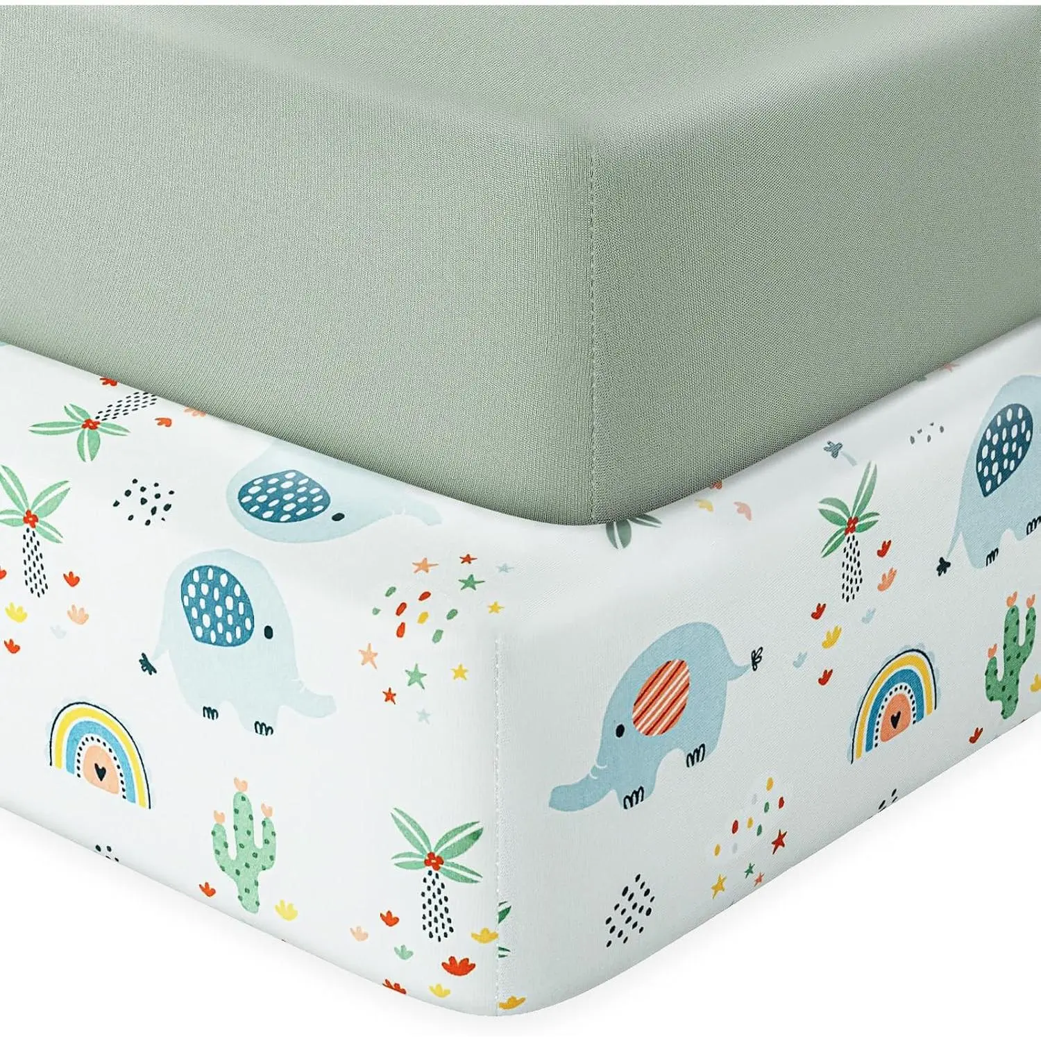 2-Pack Baby Crib Sheets, Polyester Blend Microfiber Weave, Breathable Softness, Solid Pattern (Dumbo & Green), Fits Standard 28x52x8 in Crib Toddler Mattress