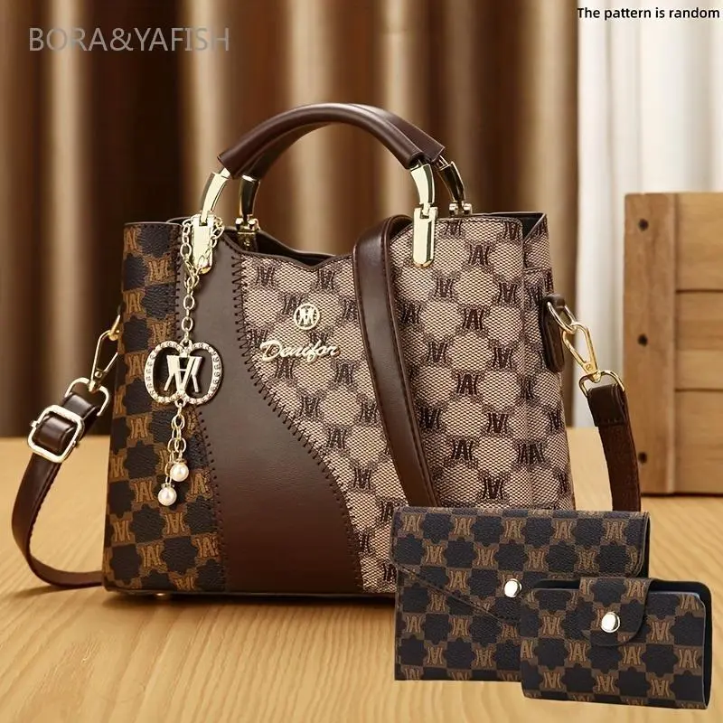 Women's Casual Fashion Shoulder Bag - Chic Patchwork Multifunctional Set with Adjustable Straps, Durable & Easy to Maintain Material, Large Capacity, Long Wallet, Card Holder, Purse, Metal Logo Detail, Crossbody Messenger Tote, Casual Fashion Bag, Purses