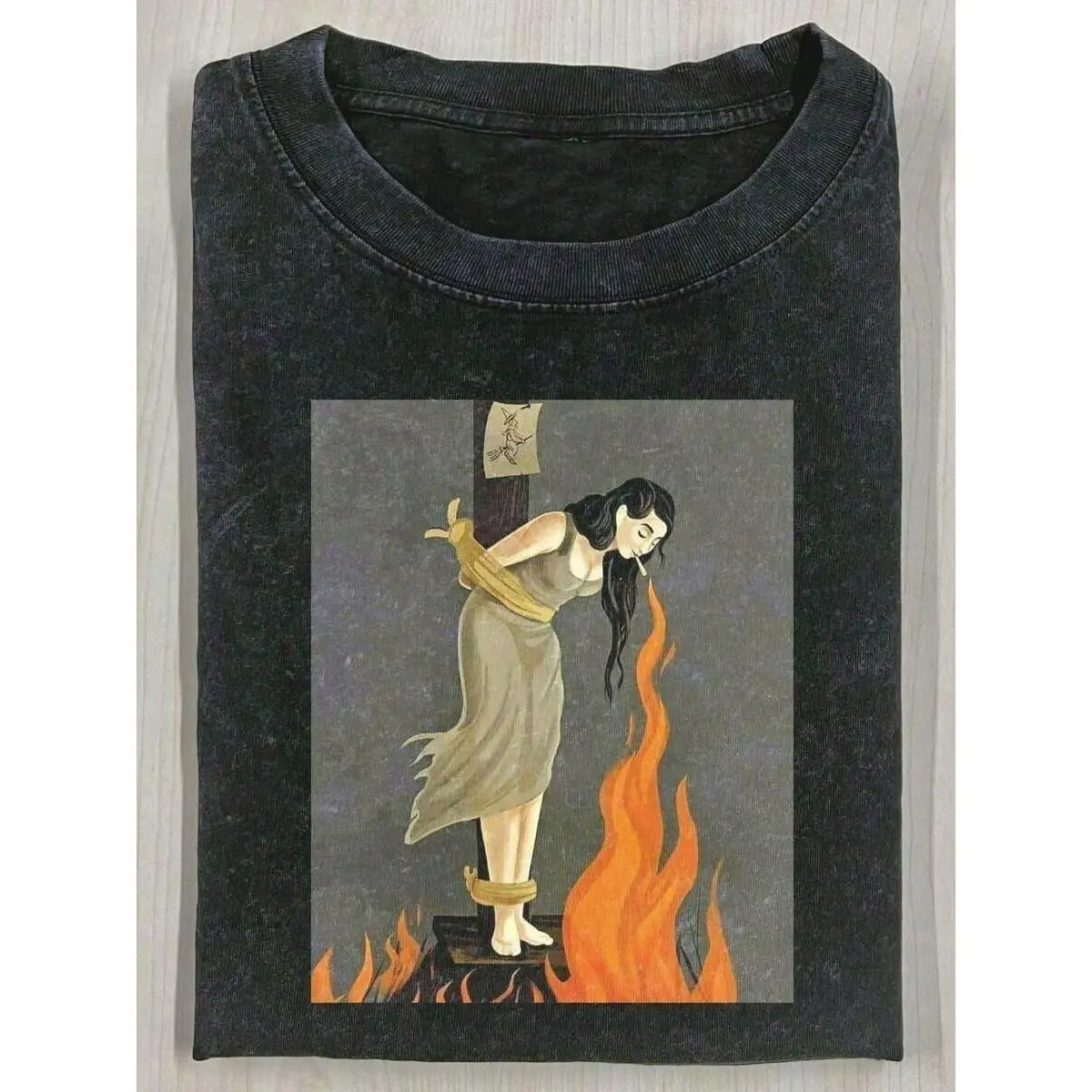 1pcs230g Washed, Fire Messenger Printed T-Shirt, High-Quality Wax Printed Pure Cotton Retro Fashion Brand, Men's Summer T-Shirt, Holiday Perfect Gift