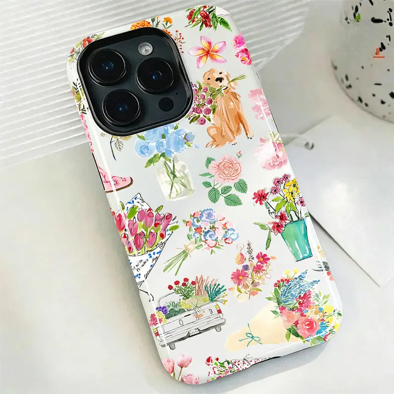Vintage Western Floral Watercolor 2-in-1 Glossy Film Silicone Protective Shell for iPhone Series, Multi-Model Fit (17 Pro Max,16E,15 Plus,14,13,12,11) - Cute Girly Dual-Layer Anti-Drop Phone Case, Accessories