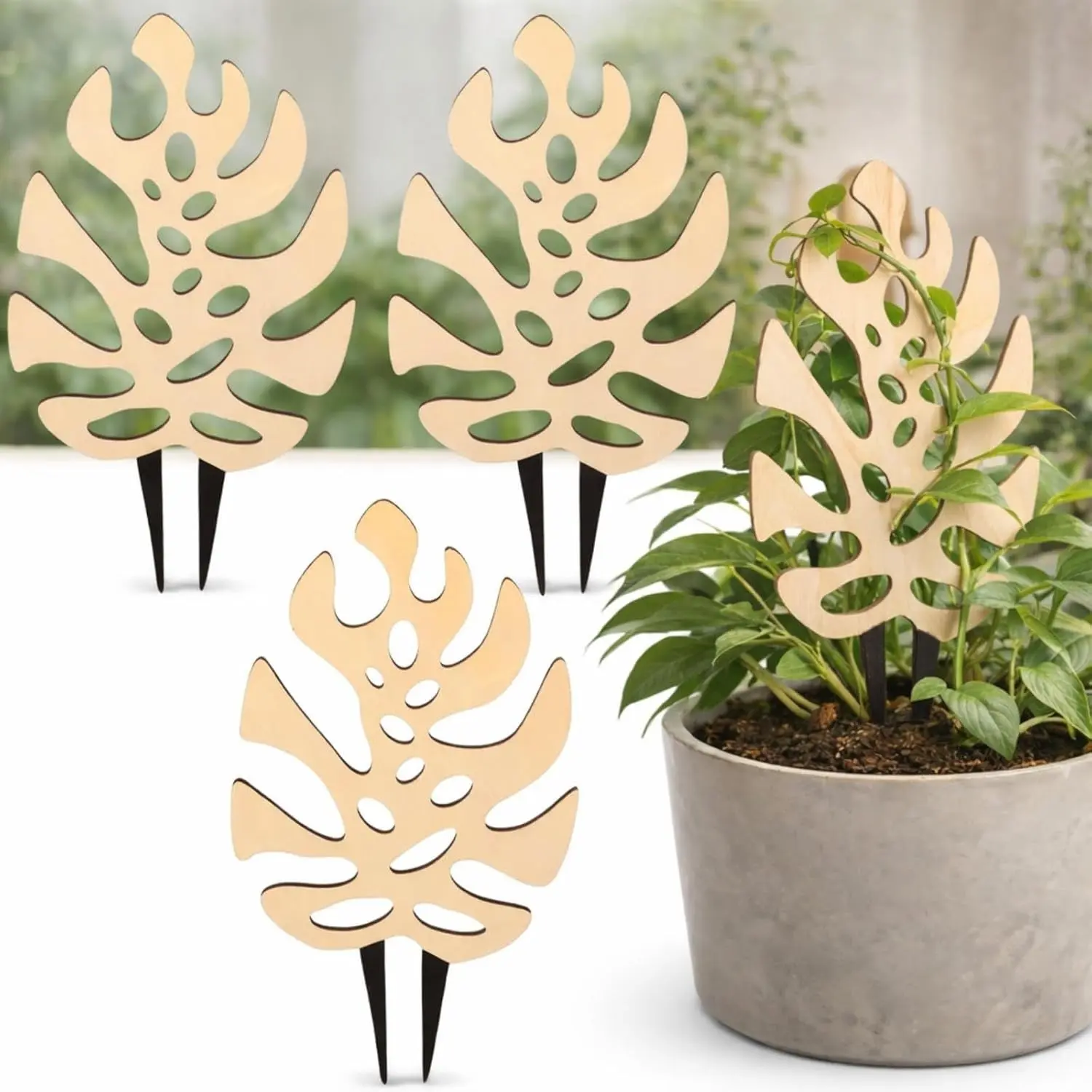 3 Pcs 11.2 Inch Wooden Monstera Leaf Trellis, Indoor Climbing Plant Support for Potted Plants Pothos Ivy Hoya Vines, Small Garden Stake for Houseplants