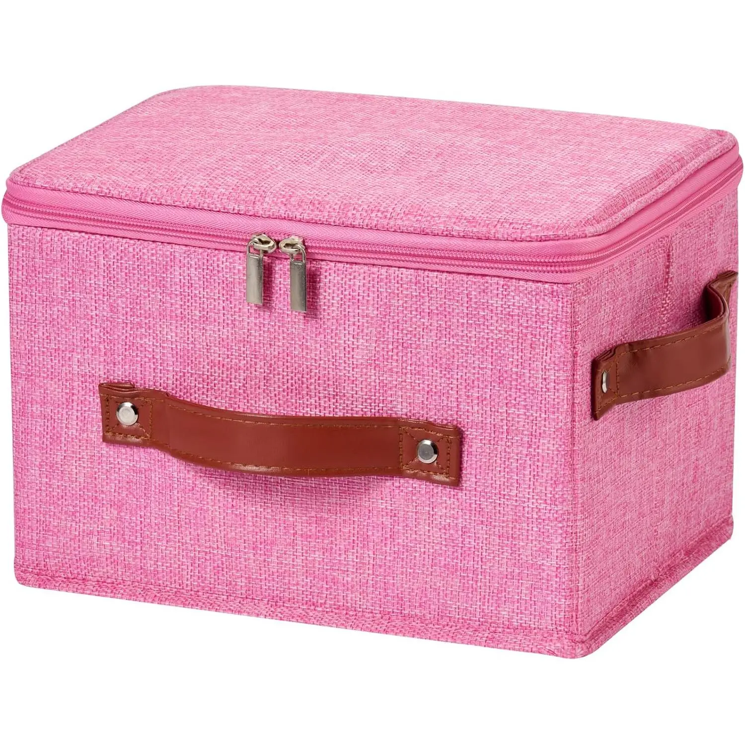Storage Bin Box with Zippered Lid Cotton Linen Fabric Decorative Basket with PU Leather Handles PP Plastic Board Foldable Lidded Clothing Shelf Closet Organizer Container (Pink, Small)