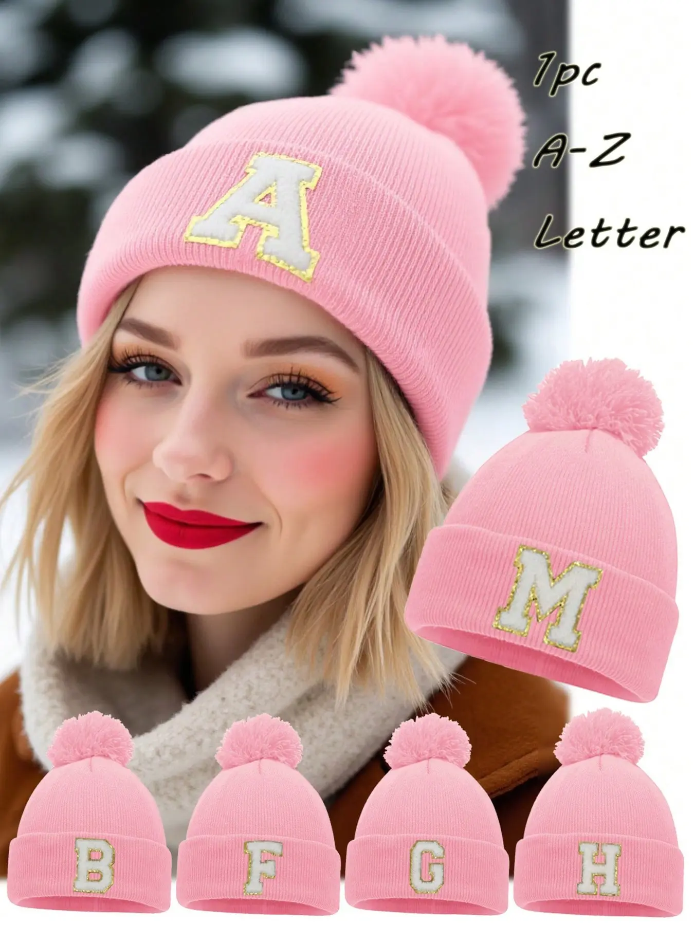 1PC Pink A-Z Custom Letter Pom Pom Knit Beanie, Soft Cuffed Warm Hat, Heat Retention Windproof Cap, Adult Unisex, Snow Day Outing, Ski Vacation, Personalized Surprise Gift