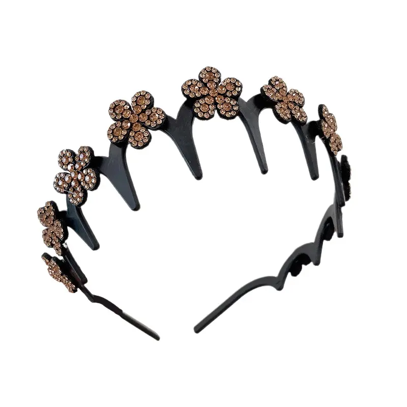 Women's Korean-Style Shiny Wavy Black Rhinestone Flower Headband - High Crown Hair Accessory with Anti-Slip Teeth for Hair Tidying