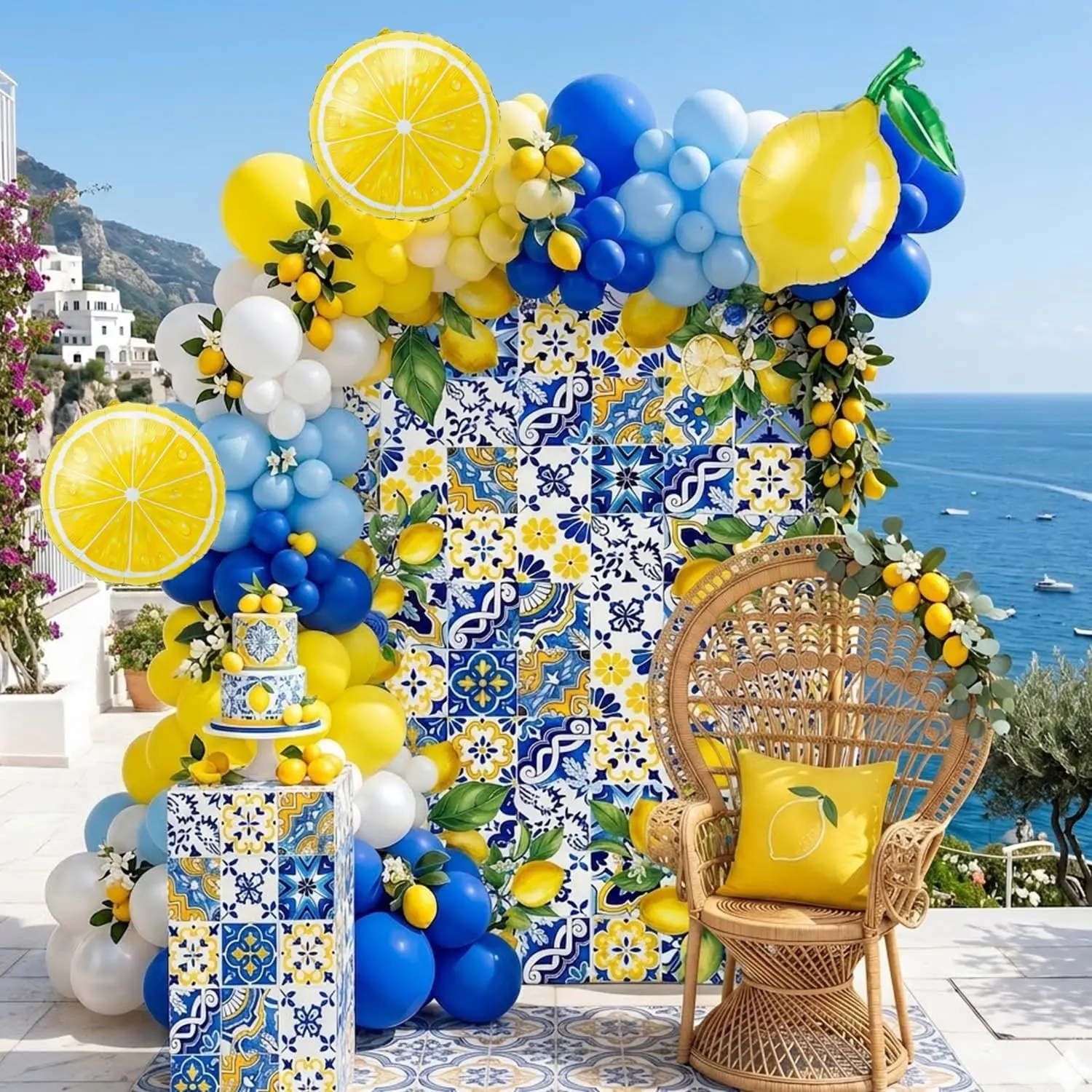 Lemon Balloon Arch Kit with Amalfi Coast Backdrop, Blue Yellow Lemon Party Decorations for Summer Birthday, Lemonade Party, Bridal Shower, Baby Shower Decor