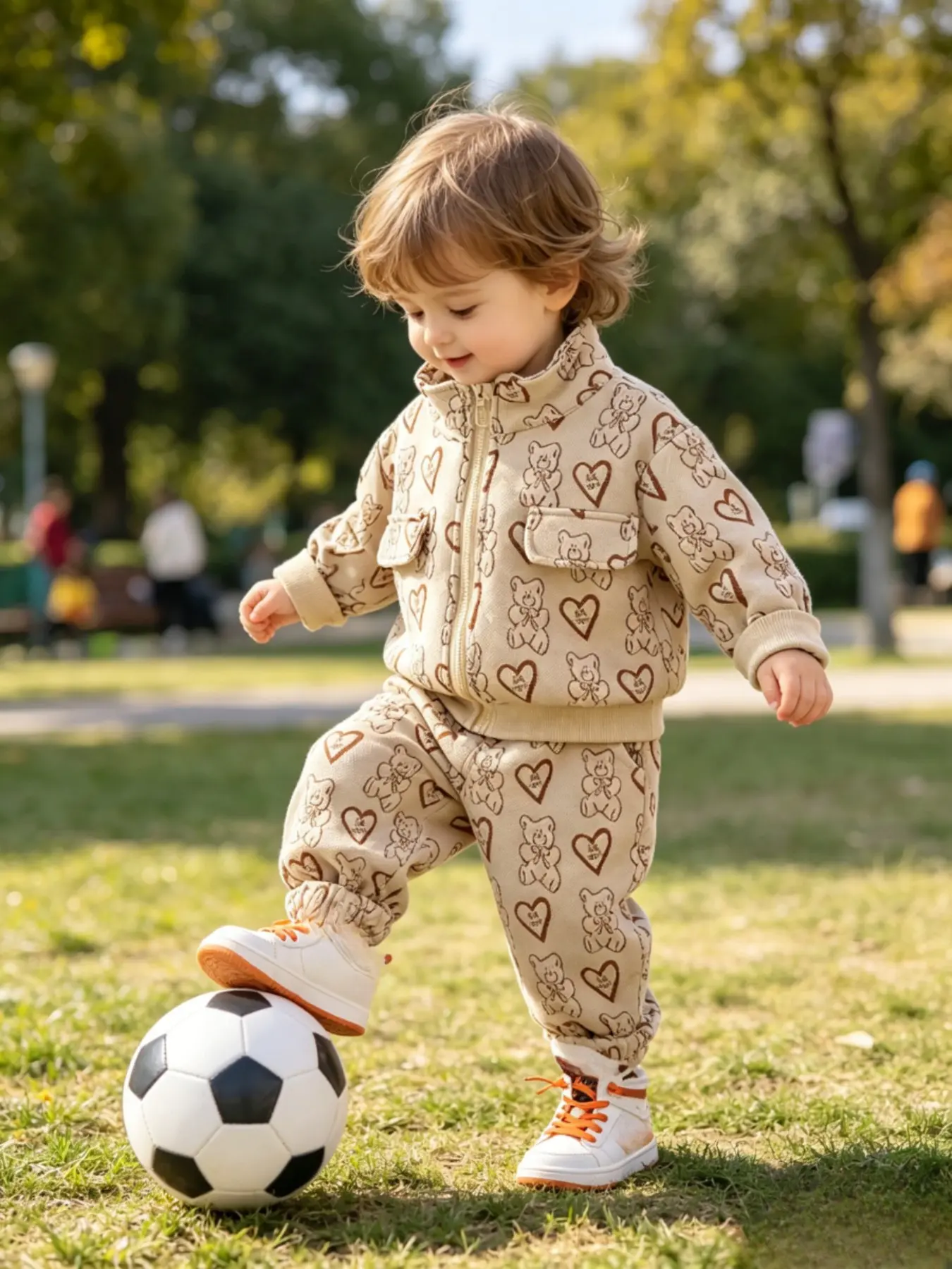 Autumn Street Style Set, Full Print Bear Heart Stand Collar Zipper Jacket + Cuffed Sweatpants Two-Piece Set, Casual Loose Fit