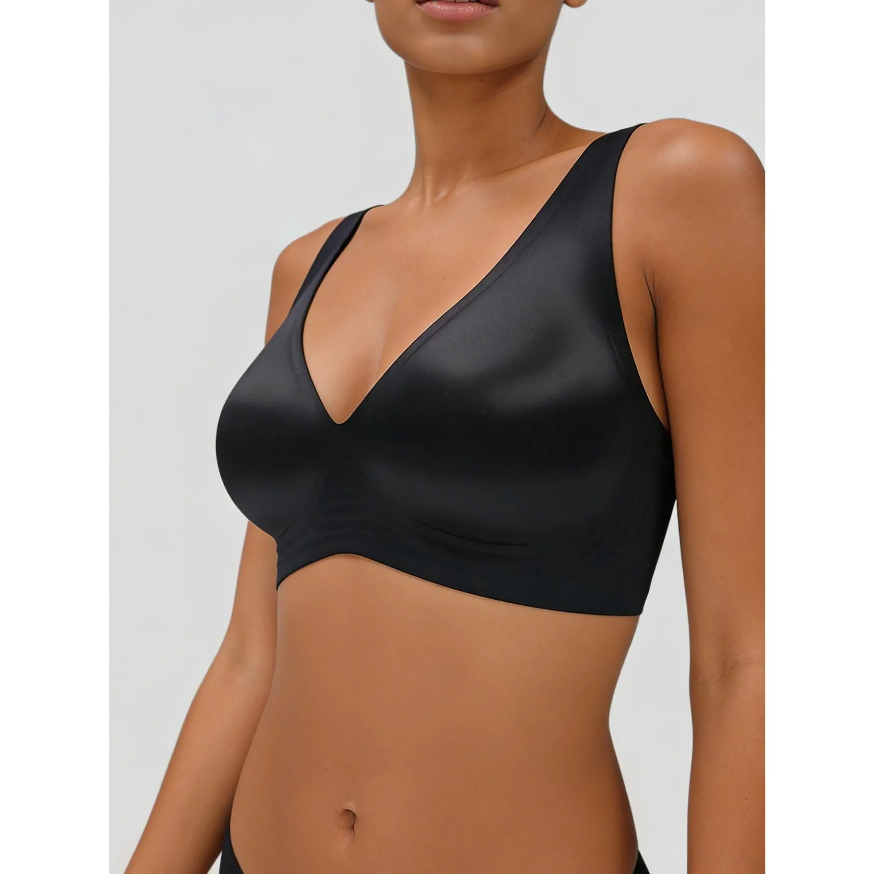 EssElegance Women's Shiny Black Seamless Wireless Bra Satin Texture Deep V-Neck Plunge Molded Cups Padded Invisible T-Shirt Bralette Smoothing Side Panels Adjustable Straps Back Closure Everyday Comfort Zero Feel Daily Support Lingerie Tops