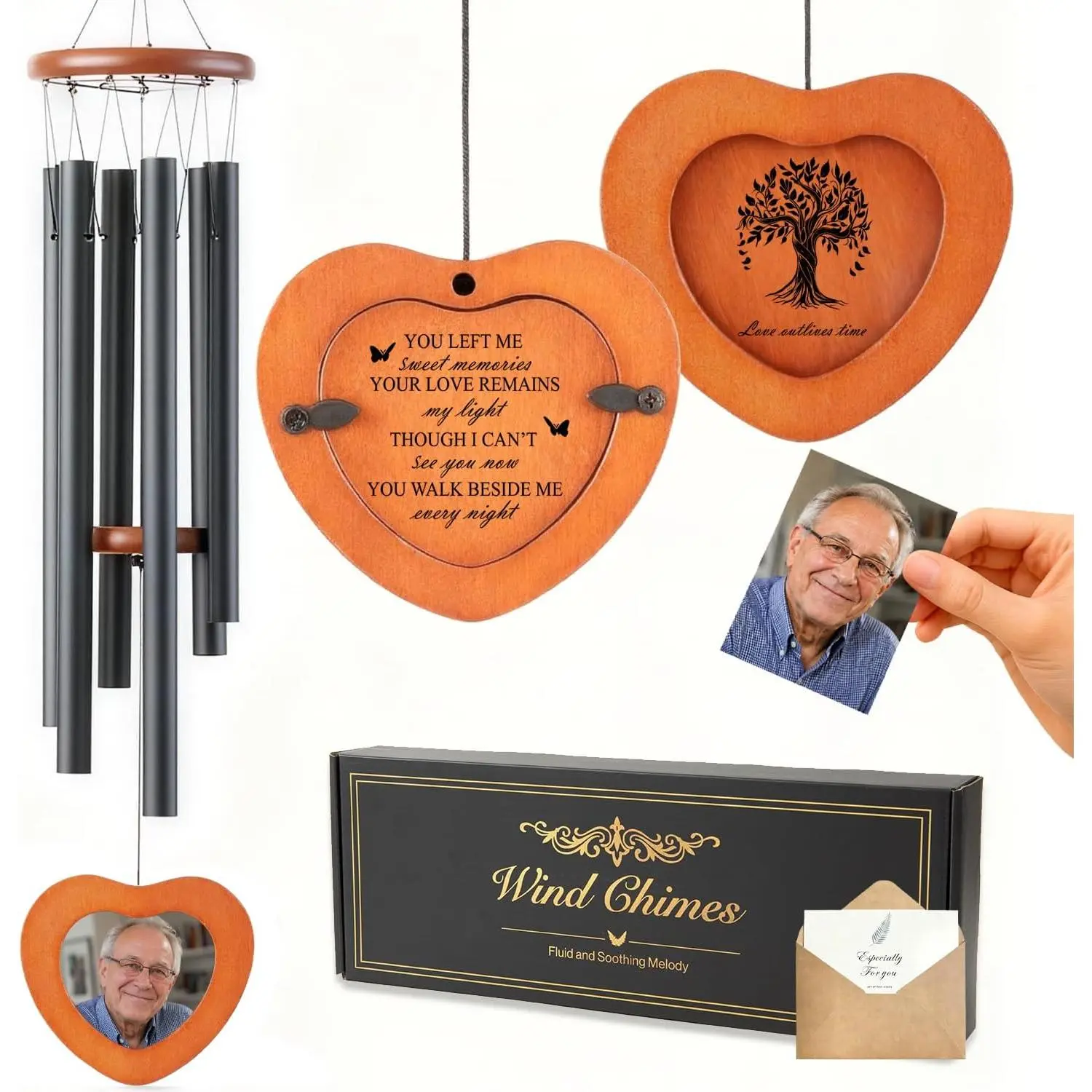 32 Inch Personalized Memorial Wind Chimes with Photo Frame | Double-Sided Poem & Design; Custom Photo Frame; Handwritten Memorial Card; Deep Tone; Indoor/Outdoor