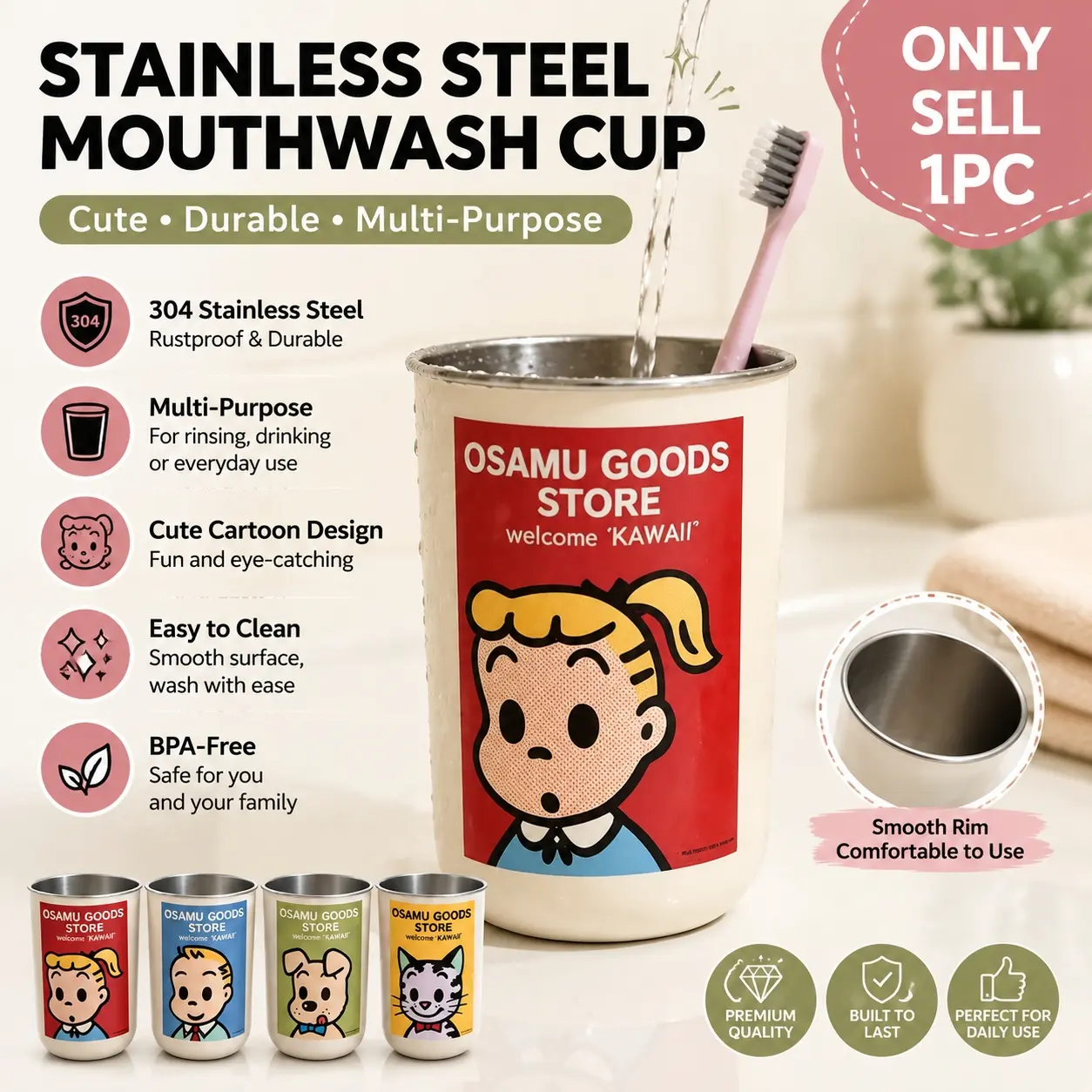 Stainless Steel Mouthwash Cup, Cute 304 Stainless Steel Toothbrush Cup, Multi-Use Dormitory Wash Basin Cup, High Aesthetic Couple Cup