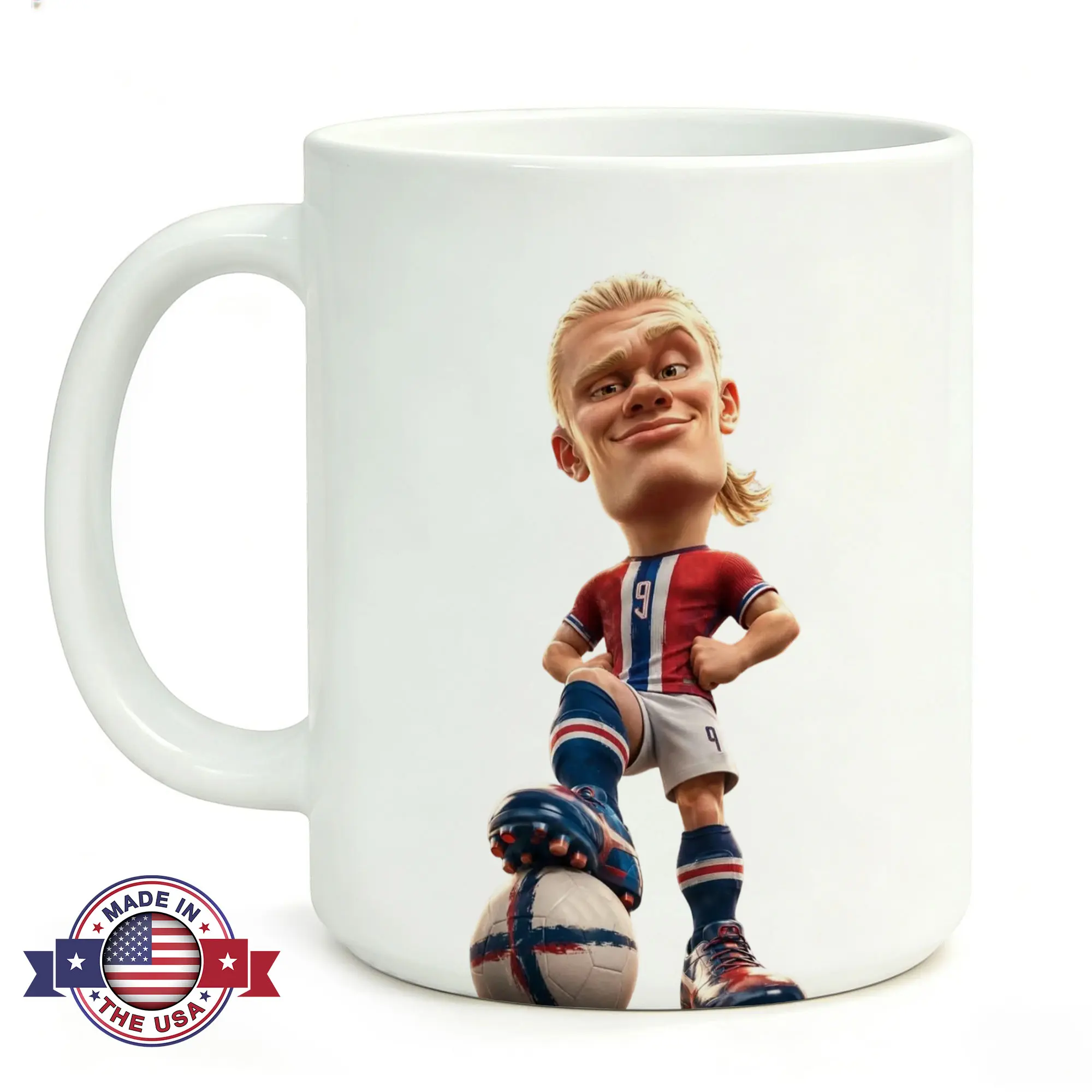 11oz Modern Heat Resistant Ceramic Single Mug, 3D Cartoon Print Big Head Blonde Soccer Striker Cup with Red Blue Jersey, Football Fan Gift for Boys Desk Decor