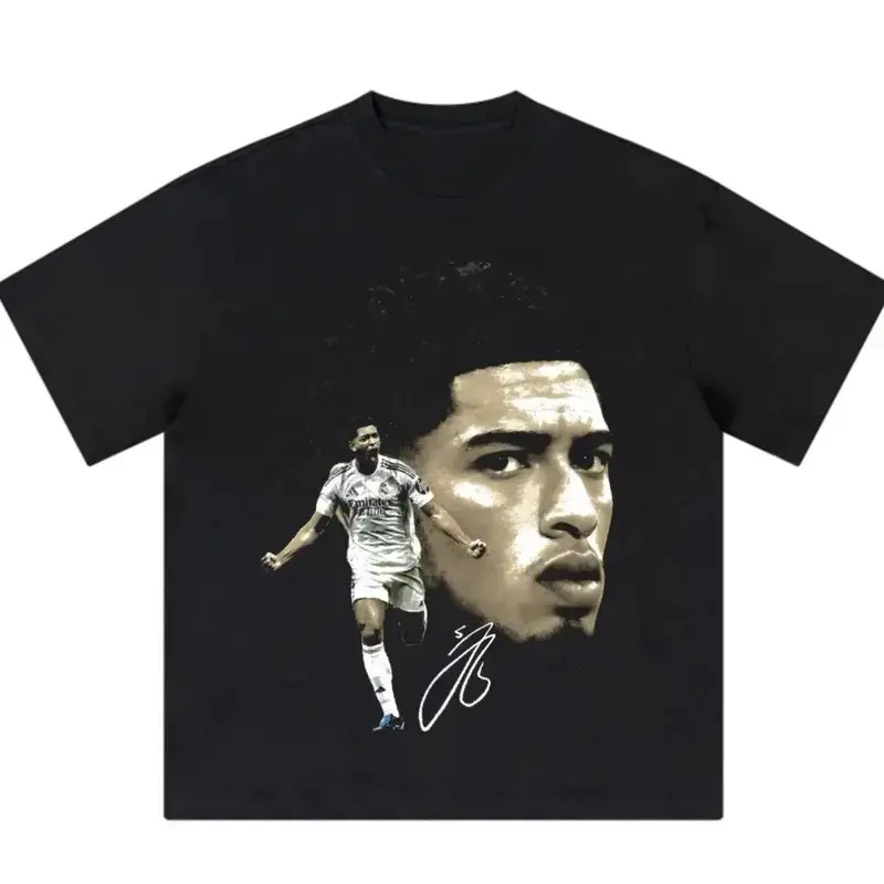Menswear Bellingham Retro Dual-Image Tee - Unisex Casual Streetwear Short-Sleeve T-Shirt with Player Portrait, Signature Graphic, Soft Stretchy Fabric, and Hem for Match Day, Shortsleeve, Breathable, Round Neck