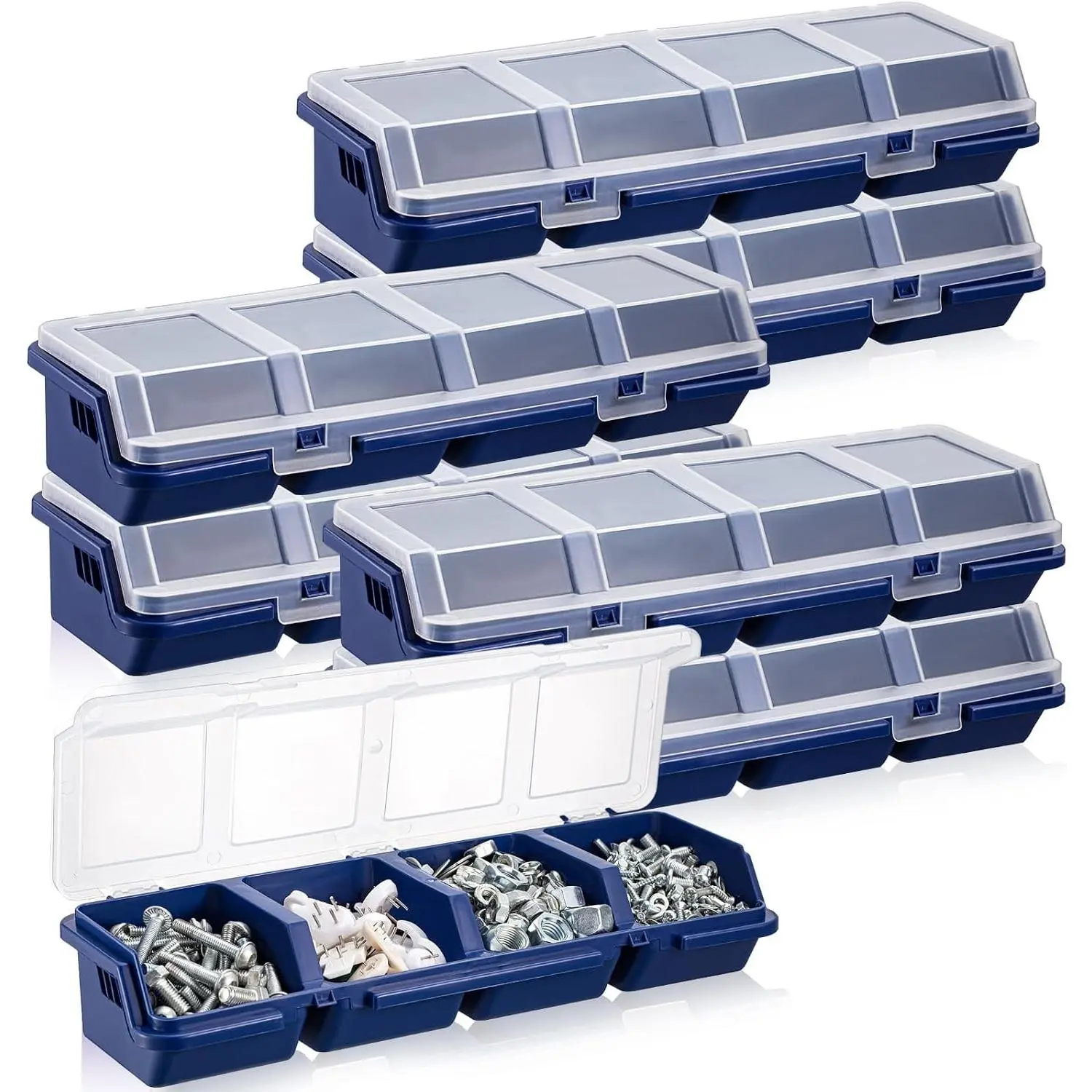 6 Pcs Screw Organizer Box with Lid 4 Compartments Small Parts Organizer Plastic Stackable Nut and Bolt Hardware Storage Tool Bin Divider Sorting Screw Box for Workbench Garage (Blue)