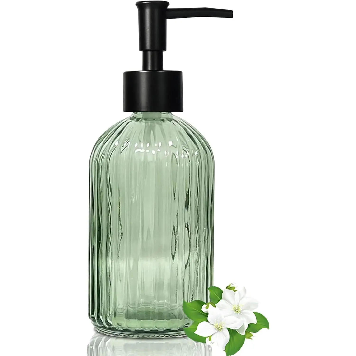 14 Oz Black Pump Glass Soap Dispenser, Green Stripe Countertop Refillable Liquid Bottle Hand Dish Lotion Dispenser with Plastic Pump, for Kitchen, Bathroom