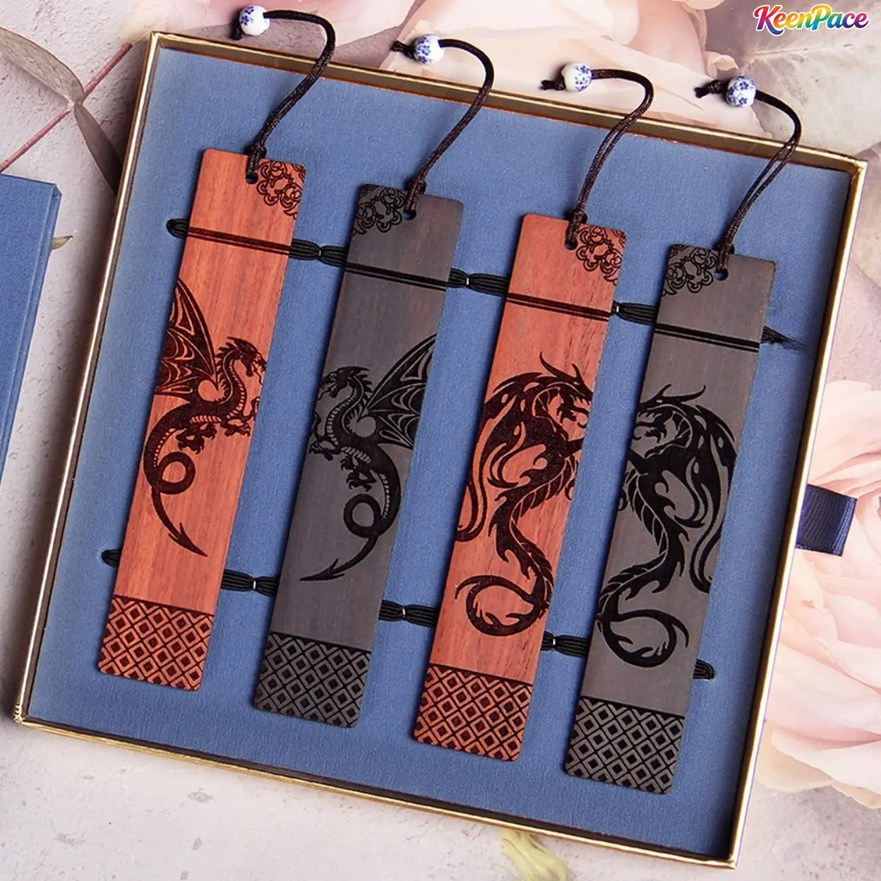 4Pcs Wood Dragon Bookmark Gift Set With Premium Gift Box, Cool Vintage Dragon Engraved Book Accessories For Men, Sentimental Novelty Christmas Holiday Present For Adult Book Lovers,father's day gifts