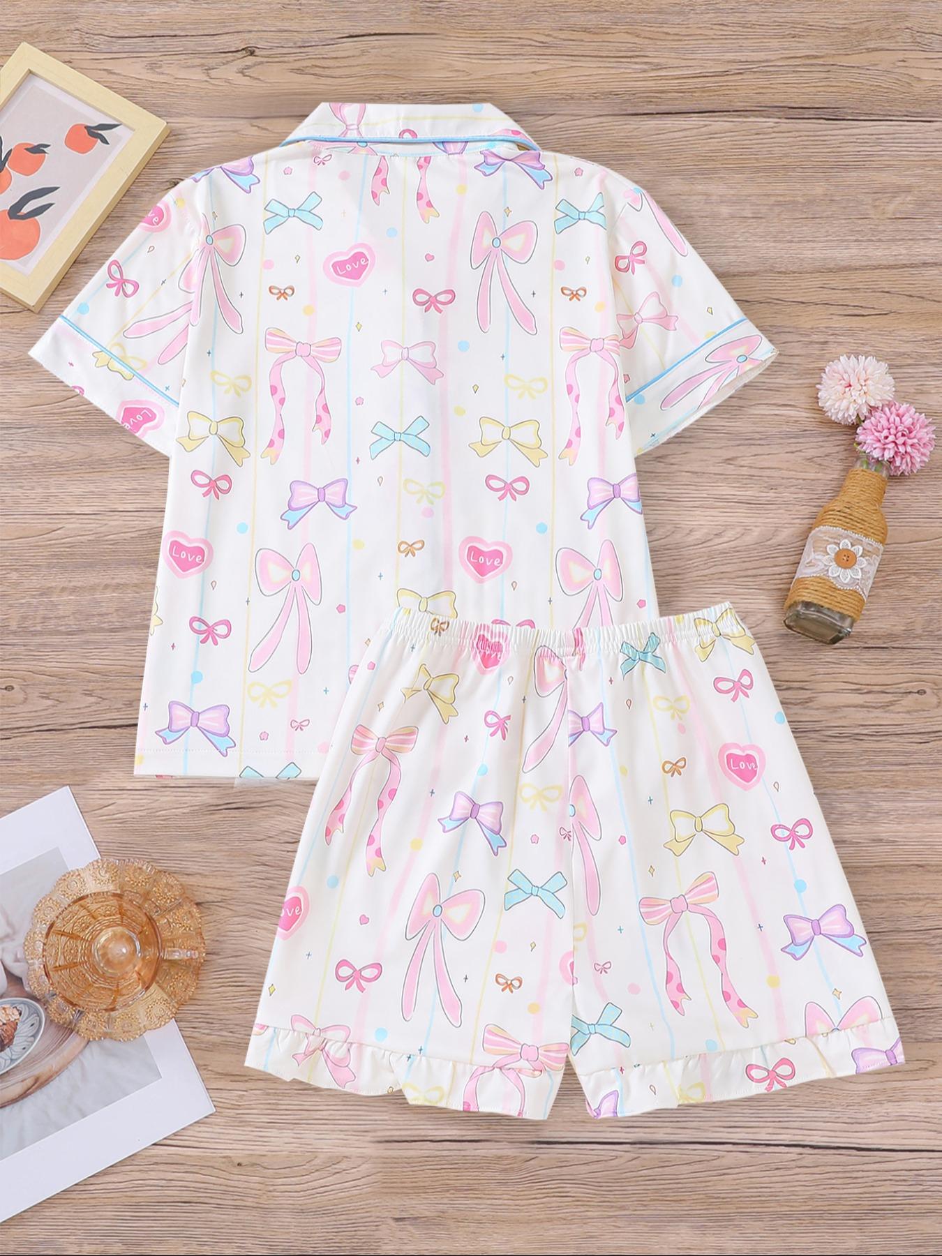 Girl's Bow Print Top & Shorts Pyjama Sets, Cute Casual Comfy Short Sleeve Top & Shorts Set, Kids Sleepwear for Summer, Pajama Set, Pastel Cute Pajamas