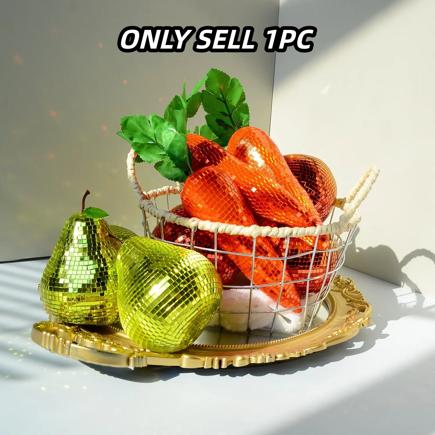 1pc Disco Vegetable Figurine, Mirror Finish Carrot, Bell Pepper, Tomato & Pear Ornament, Decorative Statues, Dual-use Decor for Party and Home, Statue Figurines