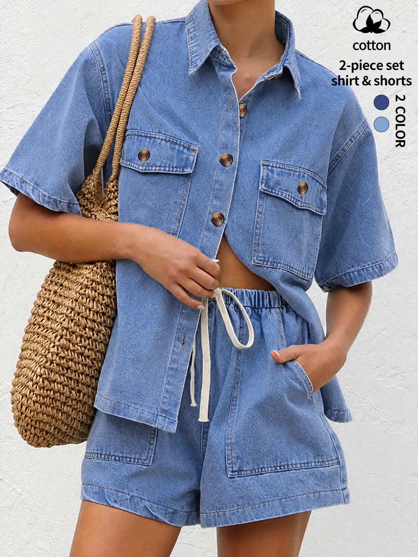 Women's Washed Denim Shorts Set, Casual Summer, Street Style Denim Shirt and Shorts Set, Loose Fit Denim Vacation Two-Piece Set Pockets