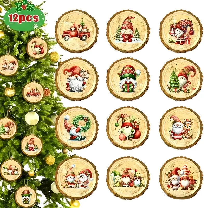 12-Piece Santa Claus Handmade Wooden Holiday Decor Set, Perfect Gift for Home and Garden Decoration, Festive Christmas Ornaments