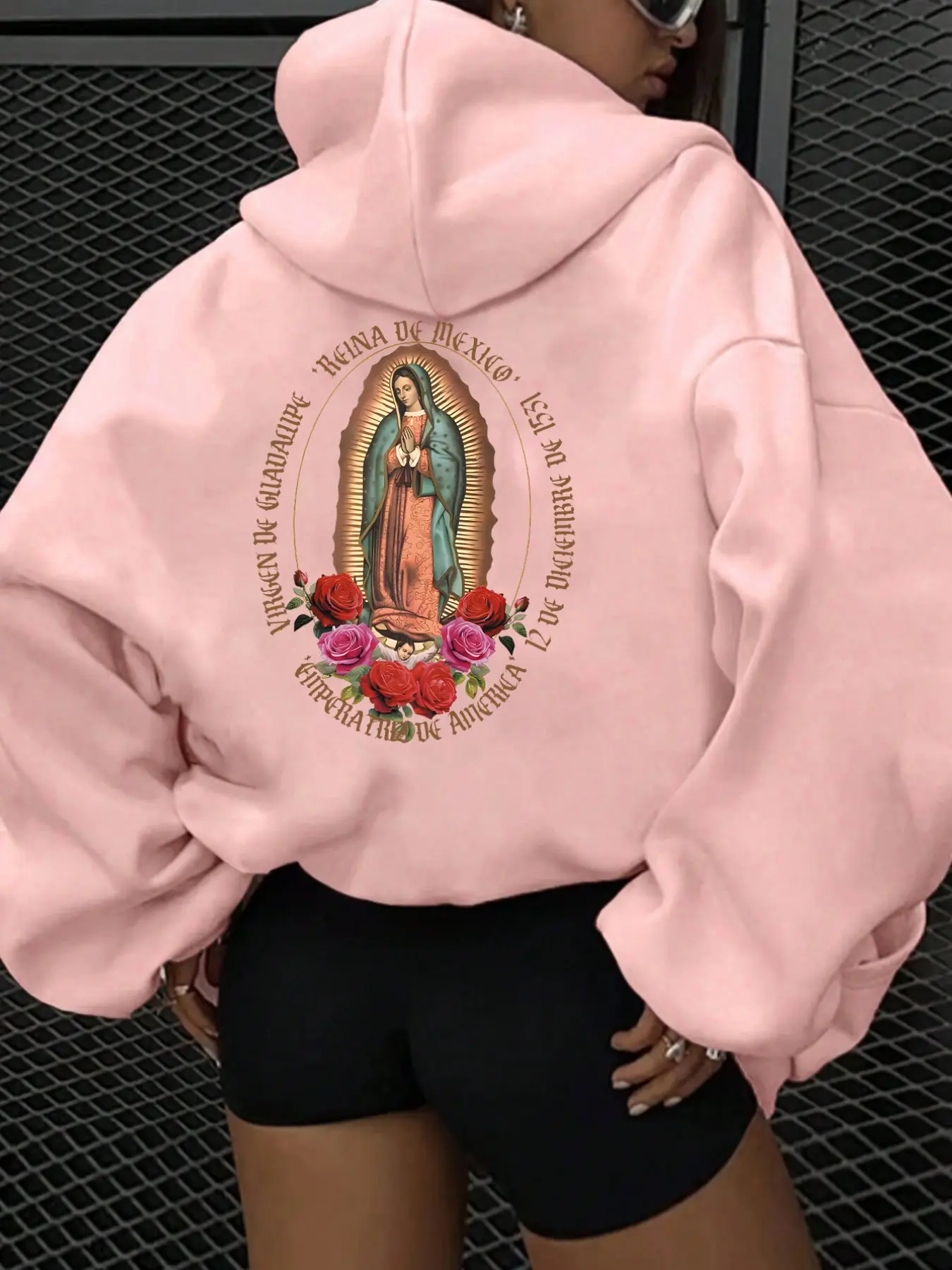 Women's Casual Loose-Fitting Hooded Sweatshirt, Virgin Mary Print, All-Season Home Wear, Comfortable Daily Top, Fall & Winter Style, Faith Graphic Pullover
