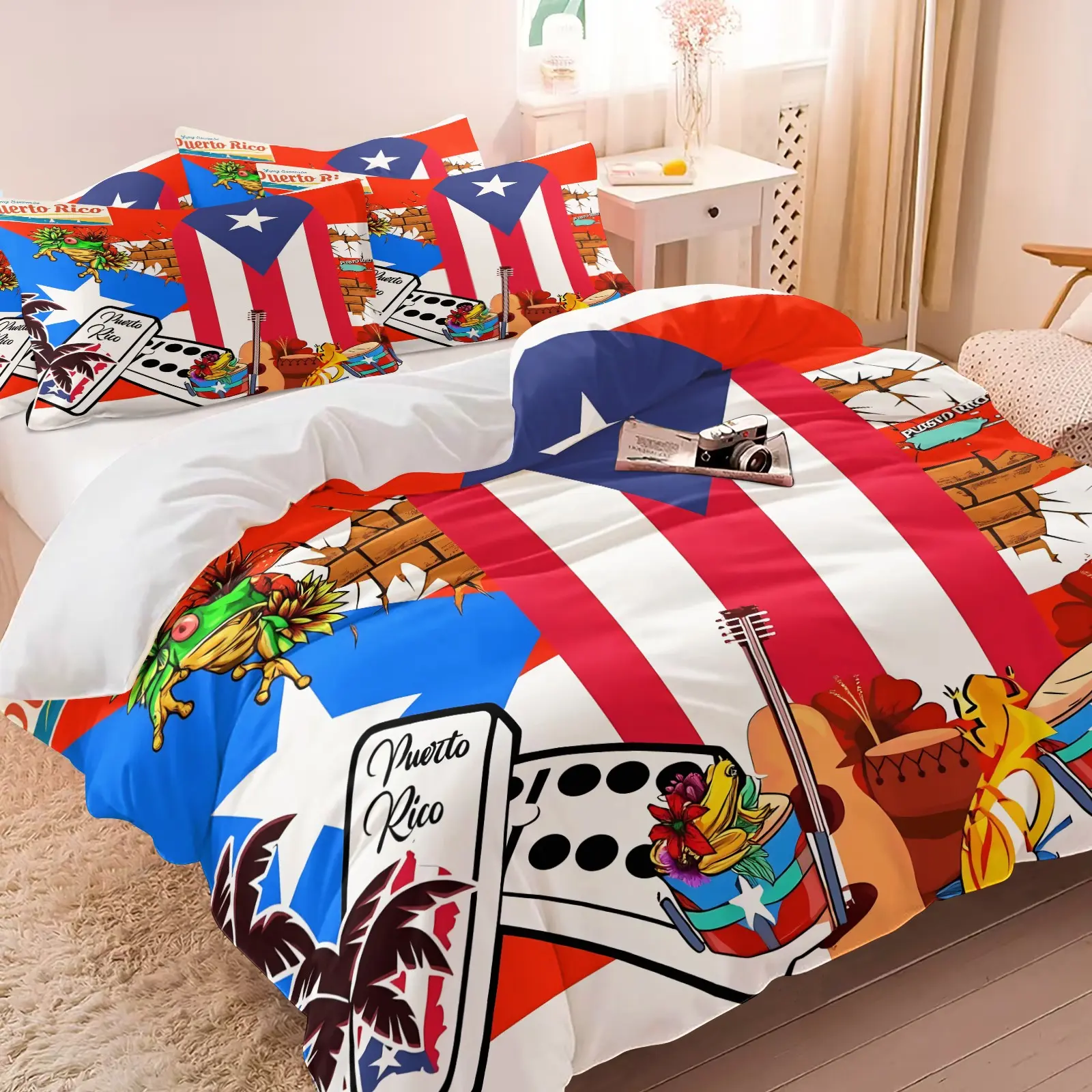 2/3Pcs Puerto Rico Culture Flag Duvet Cover Set Soft Microfiber Domino Guitar Drum Coqui Frog Hibiscus Palm Print Bedding Puerto Rican Heritage Bed Cover No Comforter For Tropical Island Bedroom Decor