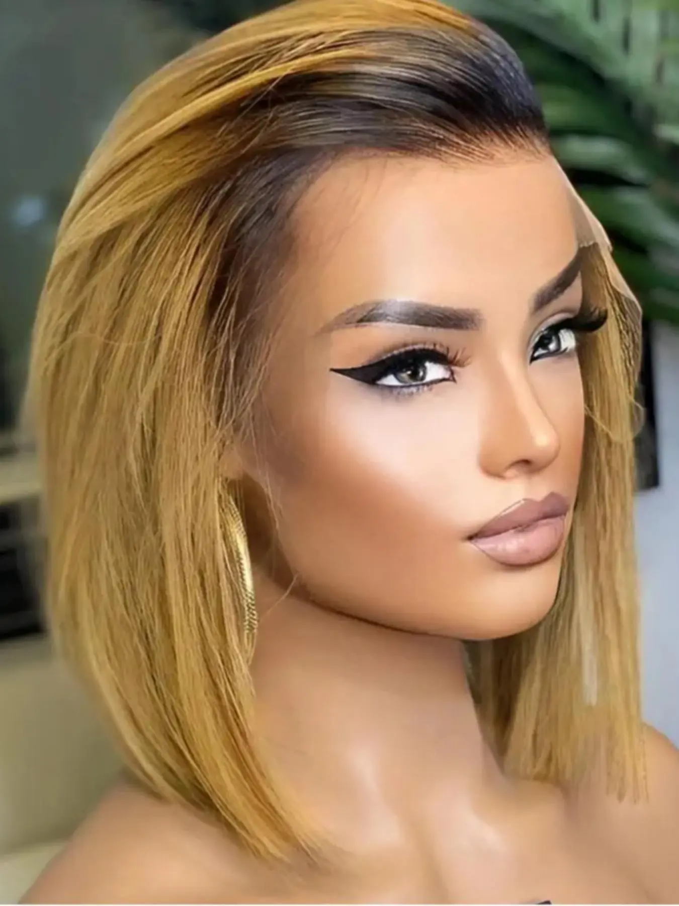 Gradient Gold Soft Short 14 Inch 180 Density Smooth Straight Hair Deep 13x4x1 Front Lace Wig, Glueless Heat Resistant Daily Wear Glueless Wigs