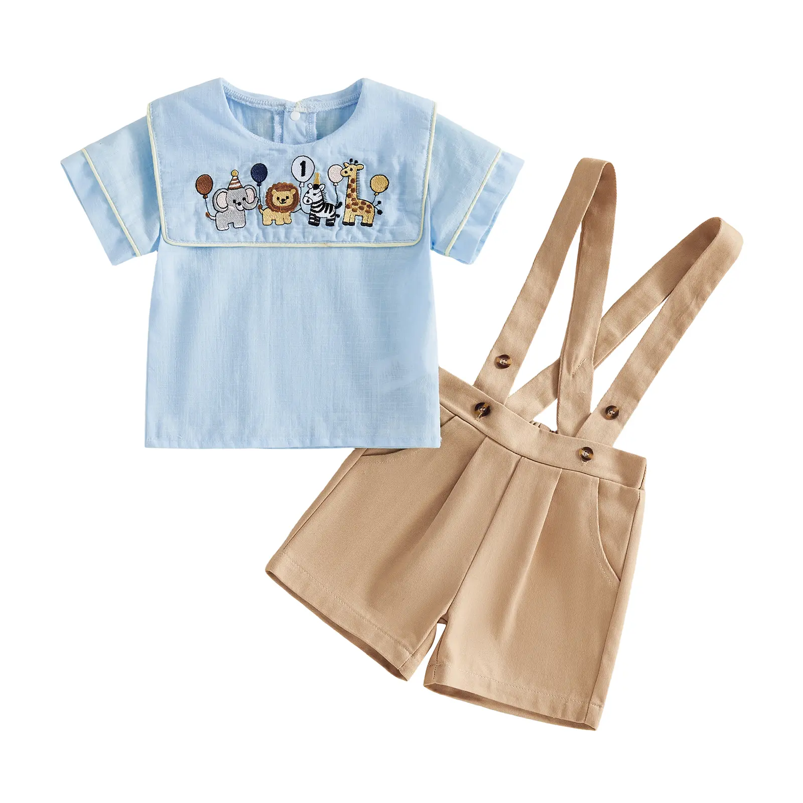 Infant Baby Boy My First Birthday Outfit Embroidery Animal T-shirt with Suspender Shorts Set 6-18 Months