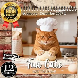 December Thickened Laminated Paper Spiral Double-Sided Printed 2027 Calendar - Upgraded Version: 12 months double-sided thick paper, 8.2x8.2 inch fun cat emoji calendar | Cute and funny cat photos | The perfect prank gift for cat lovers | Office/home wall