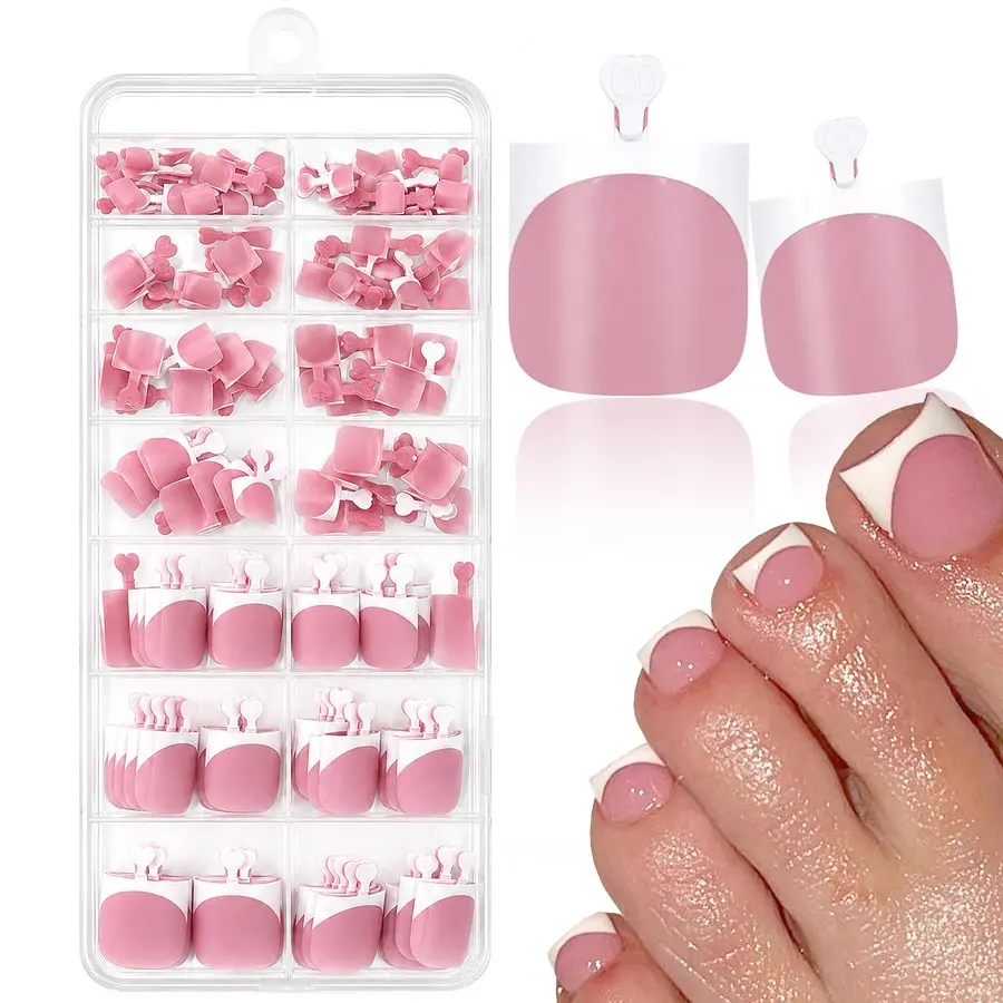 160Pcs White French Tip Press On Toenails Square Medium Fake Toenails Matte Pink Press on Toe Nails, Full Cover False Toenails for DIY Pedicure Manicure, Spring Summer Nail Salon Supplies
