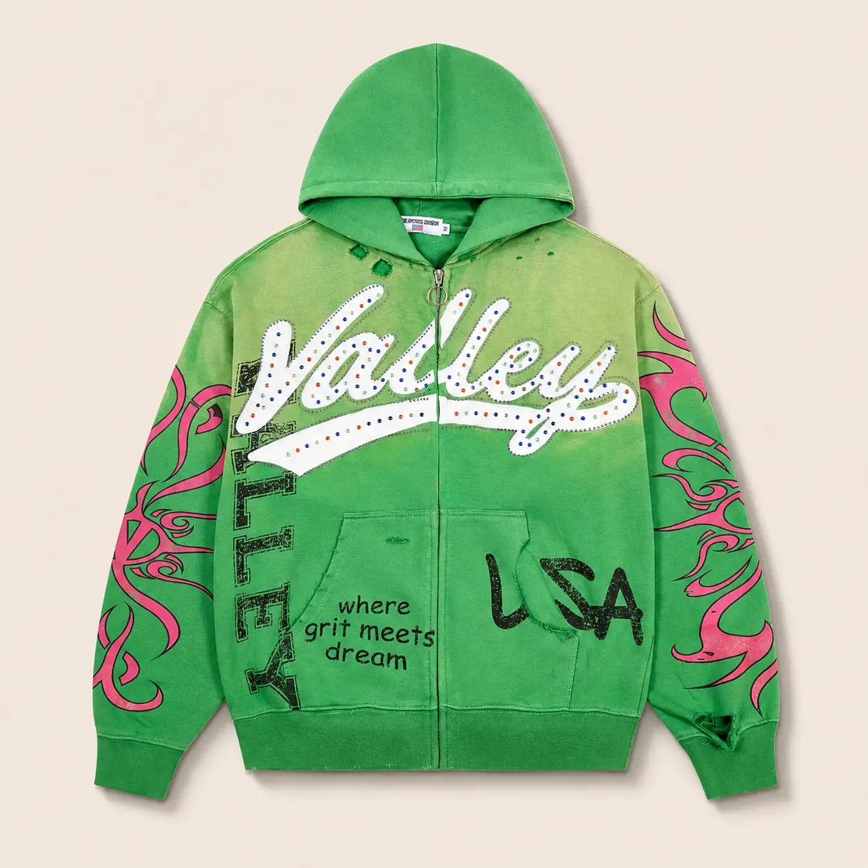 VALE Foreve Y2K Rhinestone Zip Up Hoodie, 100% Heavyweight Cotton Vintage Washed Graphic Hoodie, Oversized Green Streetwear Jacket with Tribal Sleeve Print for Men Women