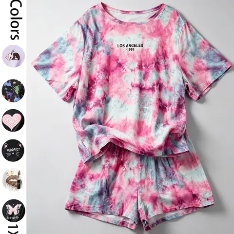 Women's Plus Size 2-Piece Pajama Set, Casual Loose-Fit Short-Sleeve Top and Shorts, All-Over Print, for Home and Outdoor Wear, Loose Fit Pajamas