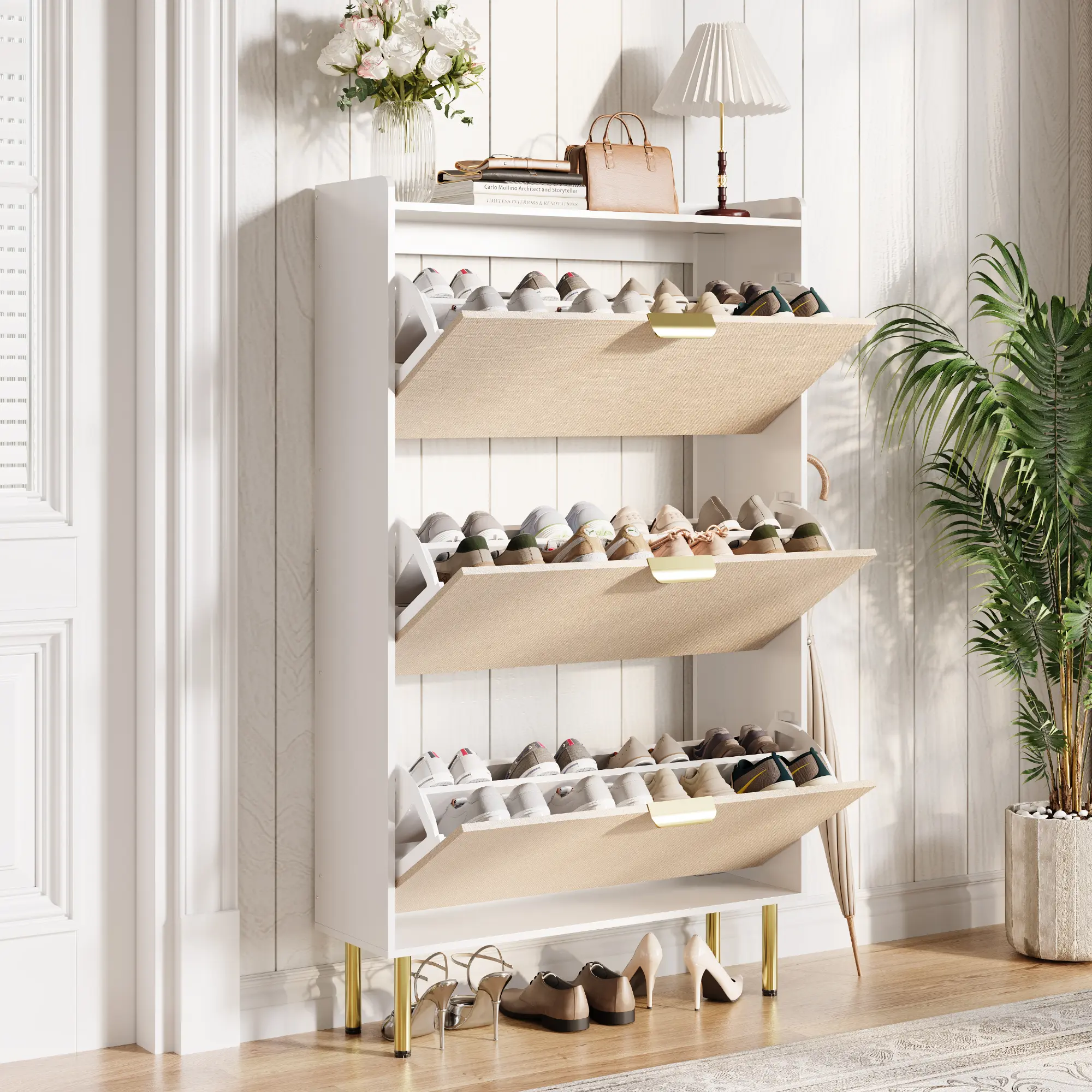Slim Shoe Cabinet with Tilt-Out Drawers, Narrow Shoe Storage  Entryway Shoe Cabinet with Adjustable Shelves, Narrow Shoe Storage Organizer for Hallway, Closet & Apartment