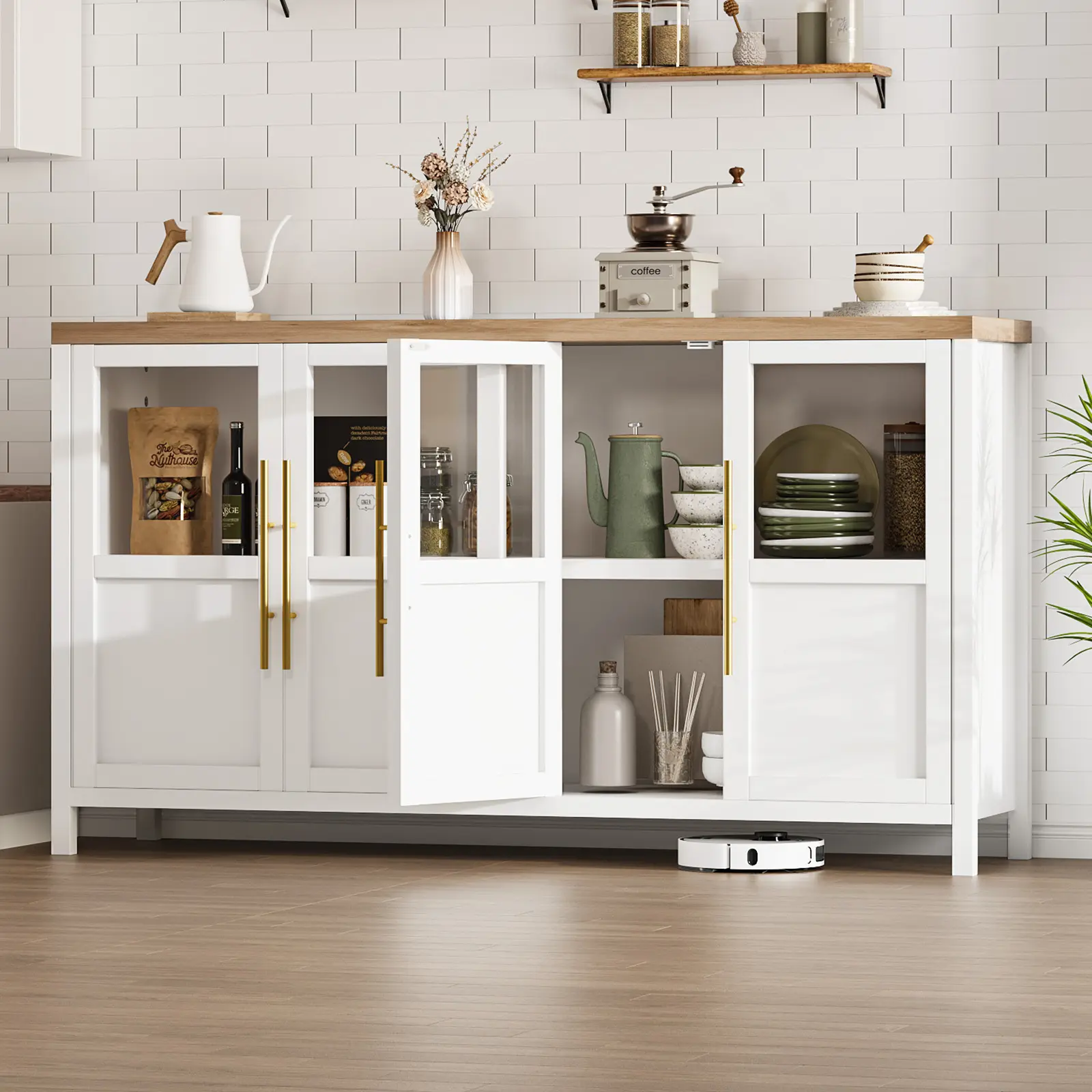 GARVEE Modern Farmhouse Look Wood Finish Sideboard Buffet Cabinet - 55.12" Large Size Storage with 4 Glass Doors & Adjustable Shelves - Dining Room, Kitchen Organizer, Entryway Accent
