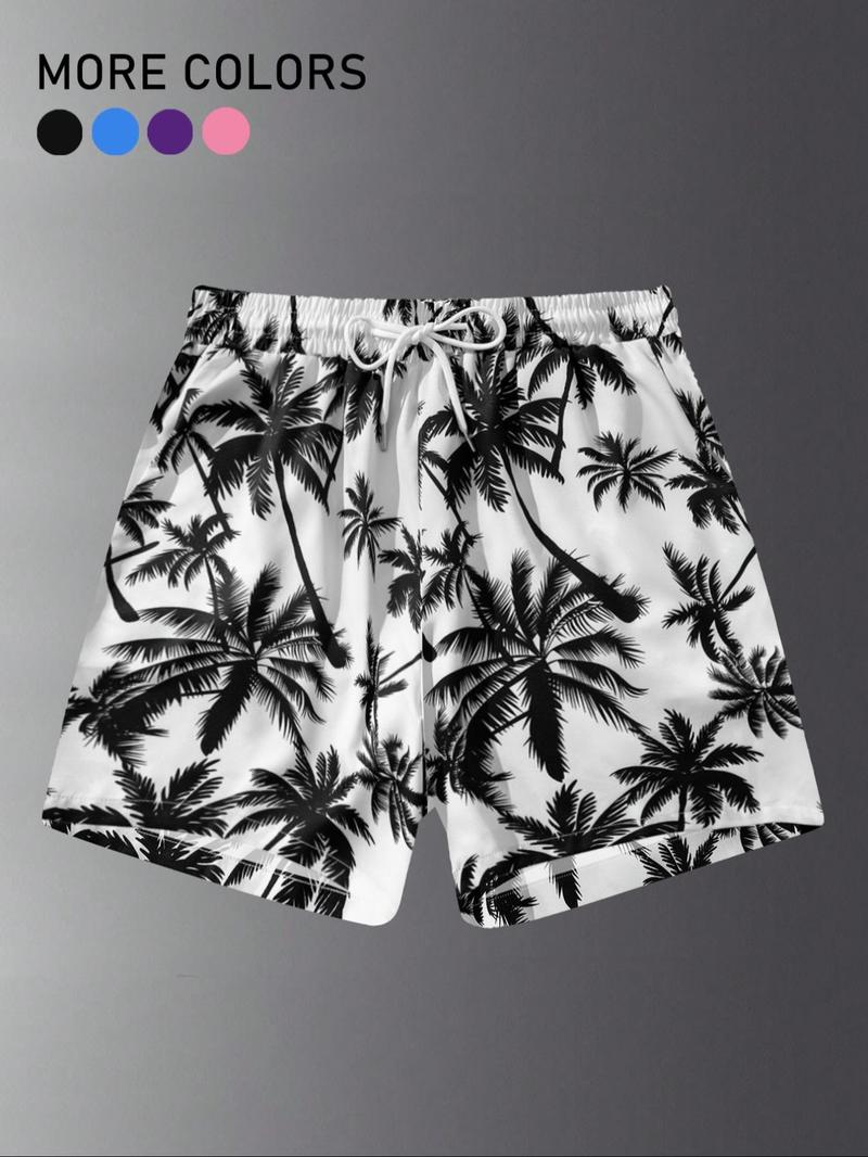 Men's Palm Tree Print Swim Shorts, Regular Fit Casual Comfy Breathable Swim Shorts for Summer, Men's Swimming Swimwear for Beach Vacation, Clothing, Swim Bottoms, Swimtrunks, Summer Swim Trunks, Drawstring Swim Bottom