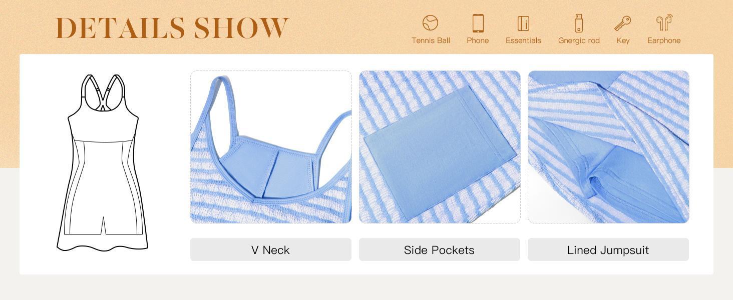 Womens Tennis Dress Casual Striped Athletic Sleeveless Summer Romper Dress with Built in Shorts