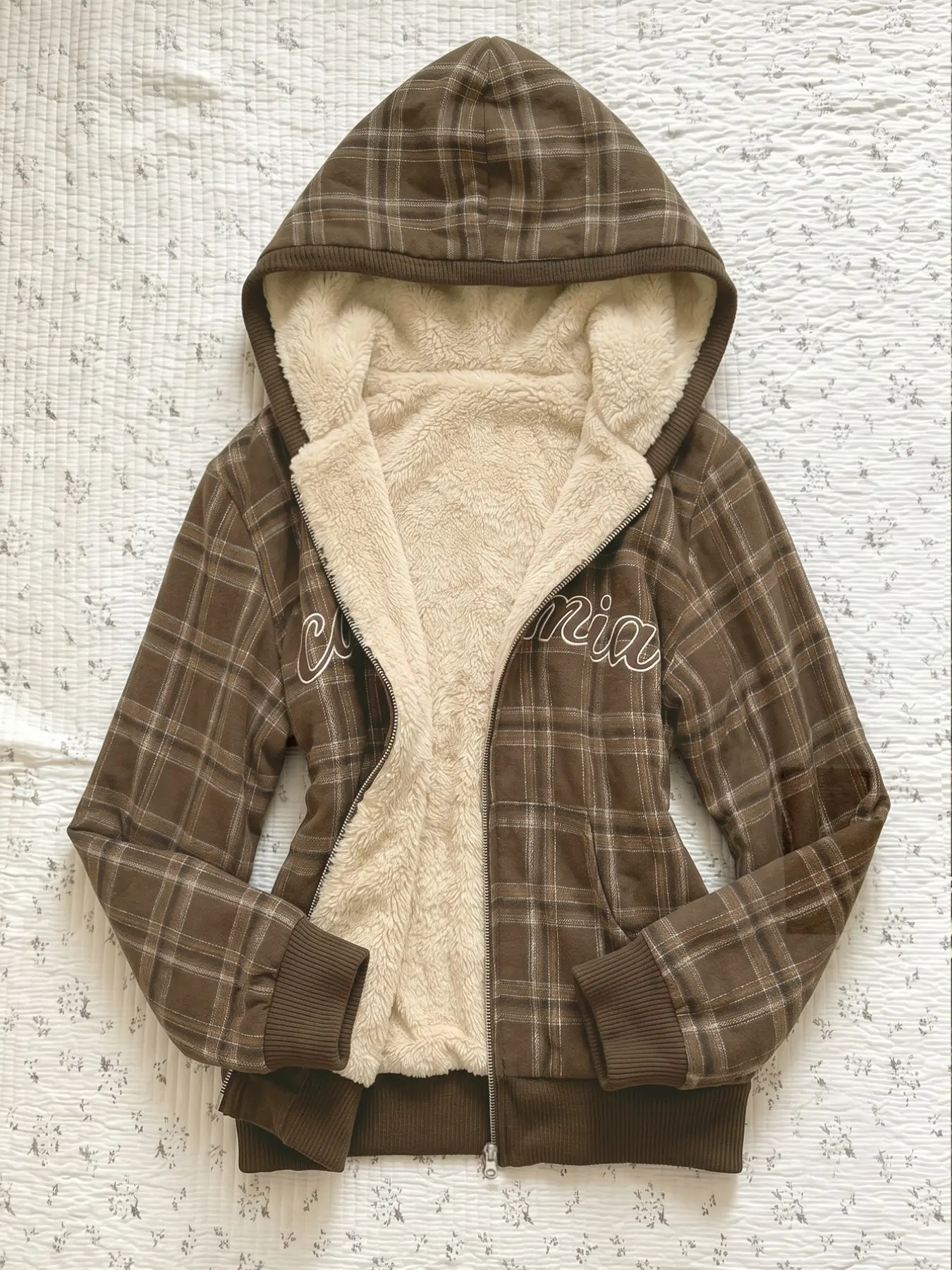 Winter Brown Plaid Zip Hooded Coat, thick fleece lined warm letter embroidery pocket loose long sleeve casual thermal outer jacket
