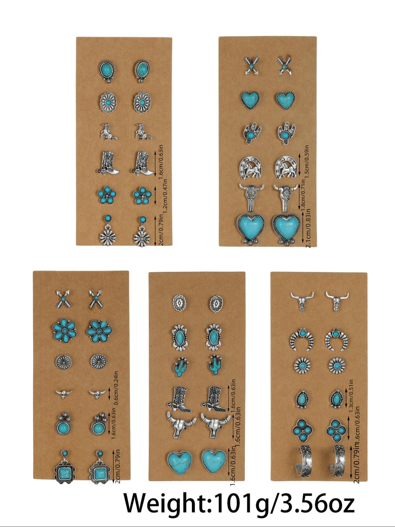 Vintage Turquoise Decorated Stud Earrings Set, 30 Pairs Fashion Jewelry for Party, Daily Decor, Trendy All-match & Exquisite Jewelry for Birthday Gift