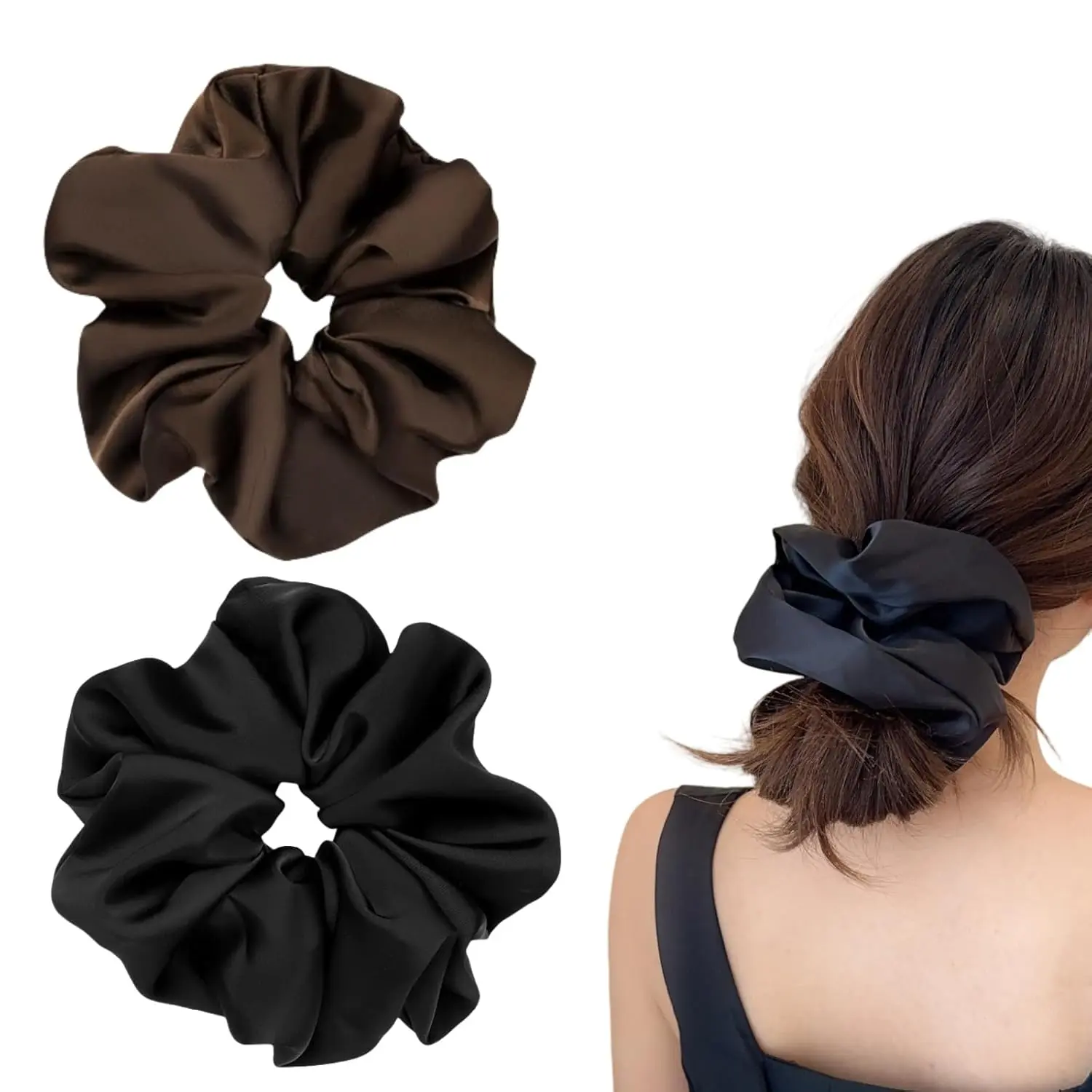 2-Pack Jumbo Satin Scrunchies for Women, 7.5-Inch Oversized Hair Ties Ideal for Thick Hair, Black and Brown, Female, 7.5 Inches, Large