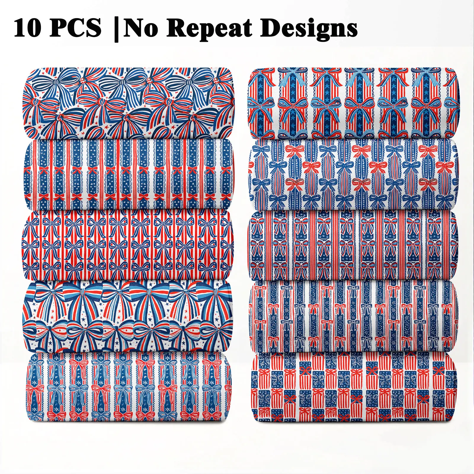 10PCS Sweet Americana Print Fabric, 23x55cm (9x22in) Classic Girly Patriotic Stripes Bow Pattern Quilting Home Decor Living Room DIY