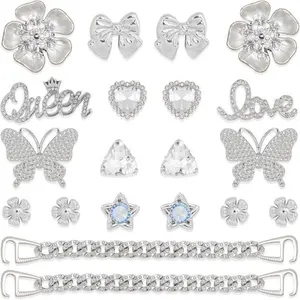 SOGLLQAM 18/20/22/24 Pcs Women Shoe Charm Chain Accessories, Butterfly Flower Pearl Rhinestone Bling Cute Shoe Decoration Charms for Aesthetic Outfit Styling, Party Birthday Valentines Gift Idea
