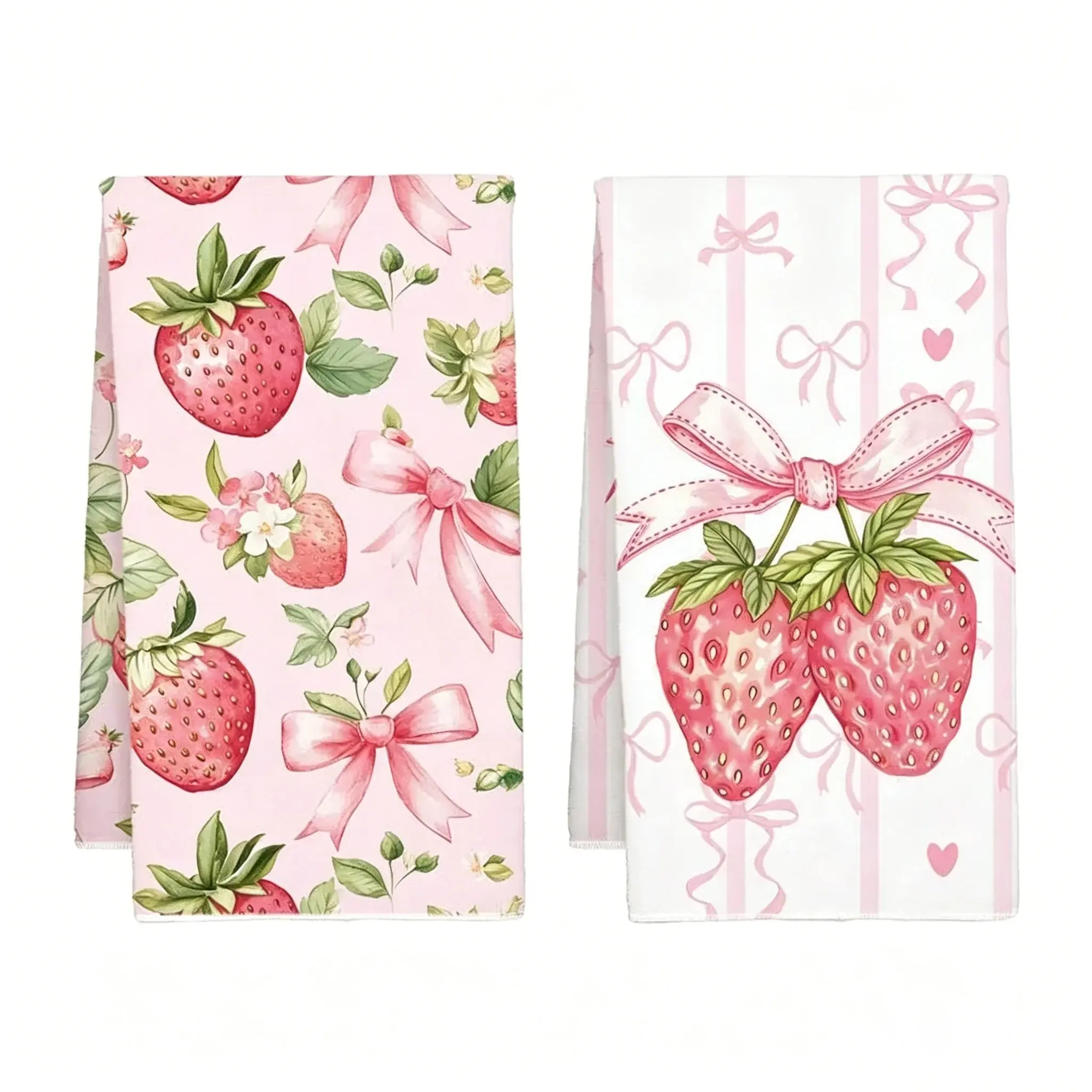 Pink Strawberry Kitchen Towels with Bow, Set of 2, Sweet Floral Berry Dish Towels, Girly Farmhouse Decorative Hand Towels for Bathroom Kitchen, 16x24 Inch