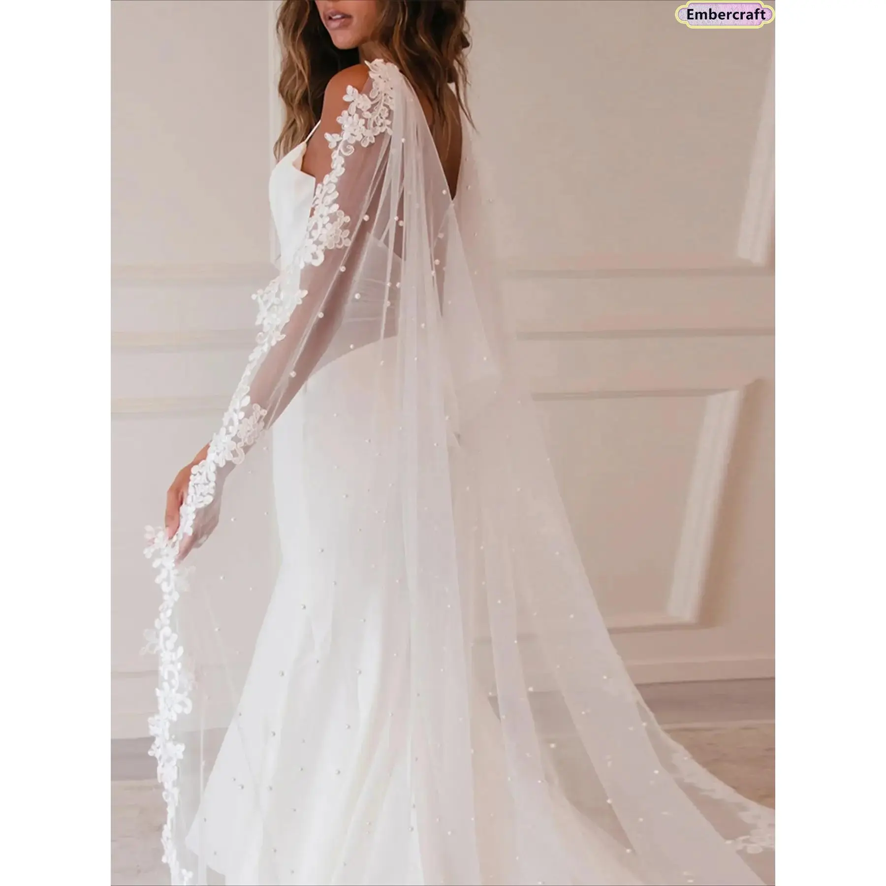 Women's Classic Lace Bridal Shawl, Elegant Loose Fit Shoulder Cover-Up with Faux Pearls and Fringe for a Wedding, All Season, Classic Wrap, One-Size