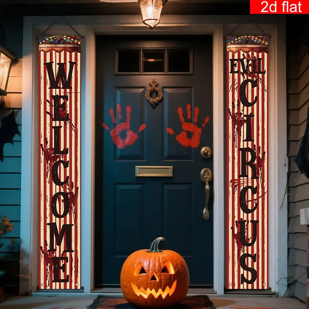 Halloween Welcome Evil Circus Banner, Polyester Clown Carnival Party Decor, Doorway Home Entrance Halloween Theme Party Supplies