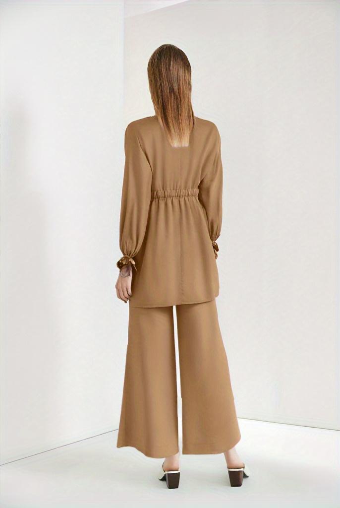 Middle Eastern Muslim Two-Piece Set: Solid Color Drawstring Tie-Up Top and Wide-Leg Pants for Women, Elegant Arabian Outfit with Round Neckline, Modest Fashion, Casual Wear, Stylish Ensemble, Elegant Design, Breathable Material, Lightweight Fabric, Muslim