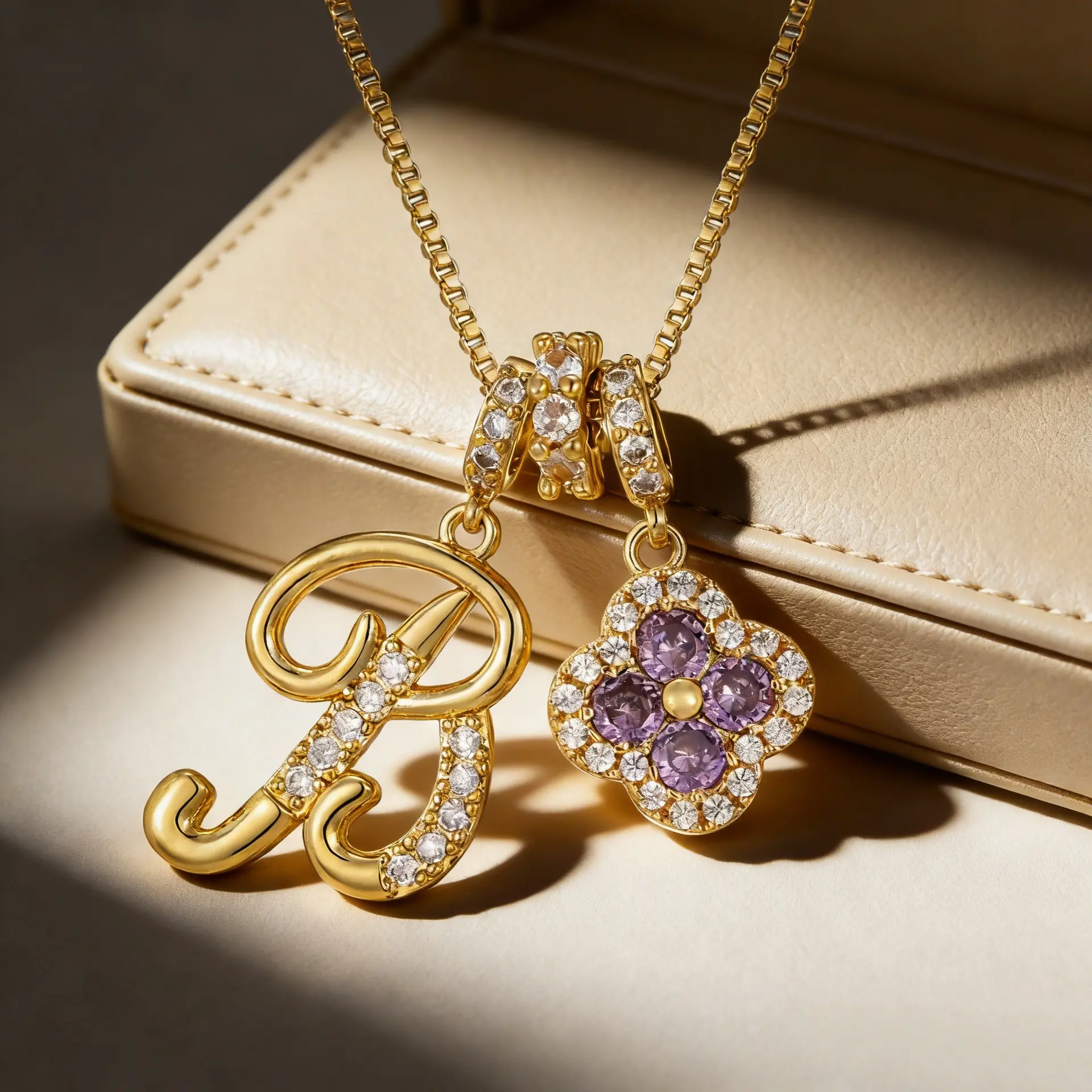 Personalized Initial Necklace for Women, Floral Letter Charm with White Diamonds & Purple Zircon, Sentimental Box Chain Accessory for Anniversary, Accessory Necklace, Sentimental Necklaces
