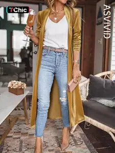 Women's Solid Pocket Shawl Collar Velvet Longline Coat, Chic Casual Long Sleeve Open Front Outerwear for Spring & Fall, Ladies Clothes for Daily Wear