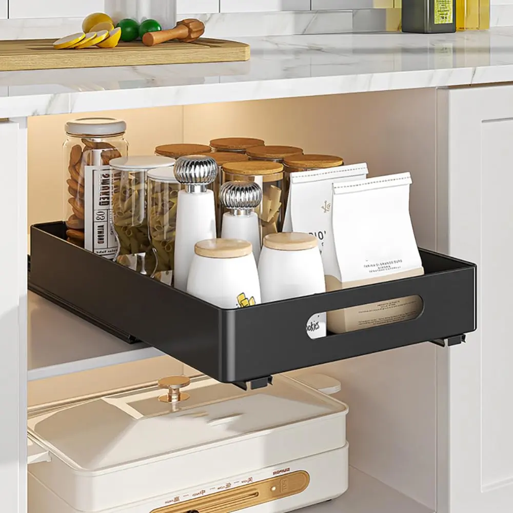 White Sliding Pull Out Storage Basket | 37×26×8cm Under Sink Cabinet Organizer for Kitchen & Bathroom.